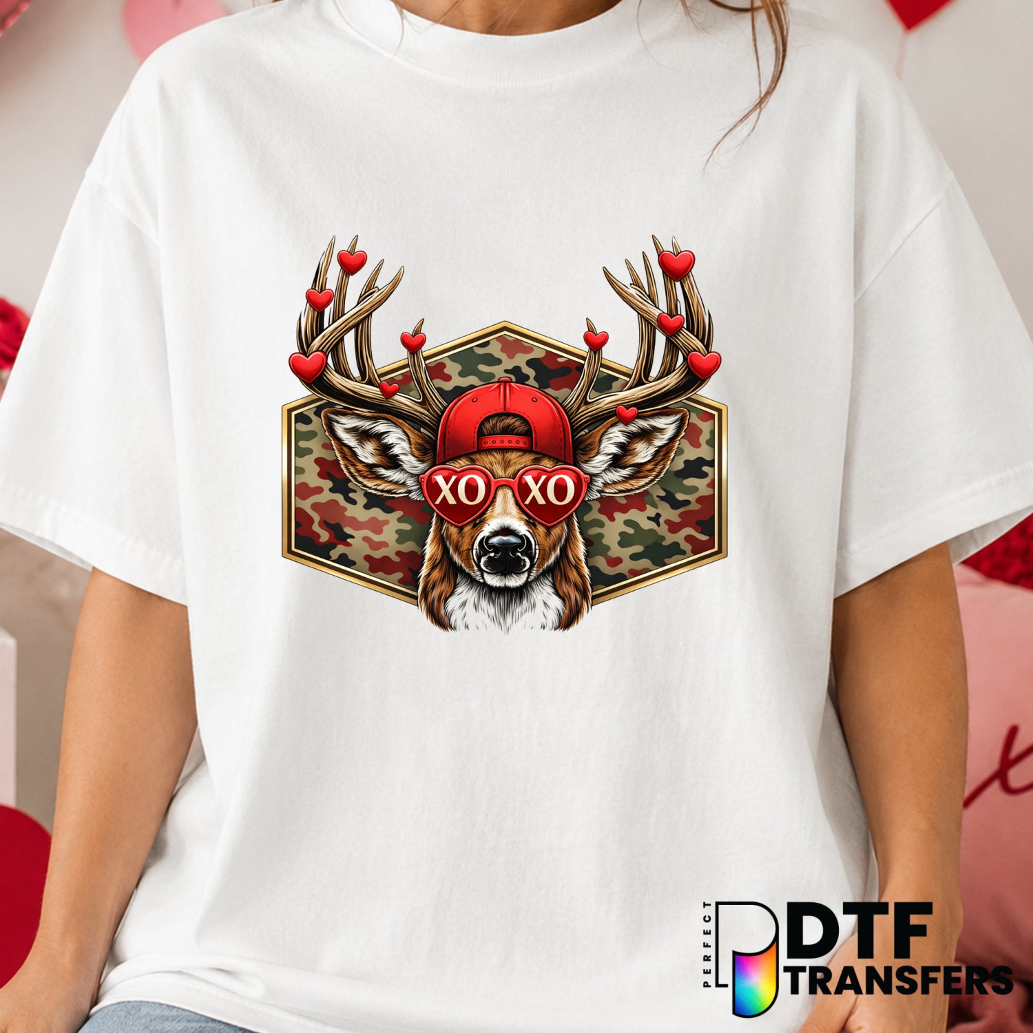 Camo Deer with Hearts – Valentine's Day DTF Transfer (view 2 of 2) – by Perfect DTF Transfers – Premade DTF Transfers – Va...