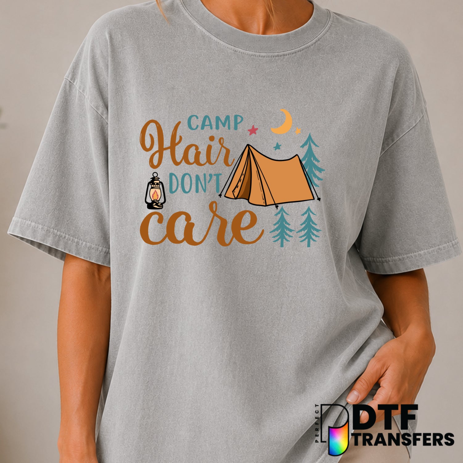 Camp Hair Don't Care – Camping DTF Transfer (view 1 of 2) – by Perfect DTF Transfers – Premade DTF Transfers – Camping, Ou...