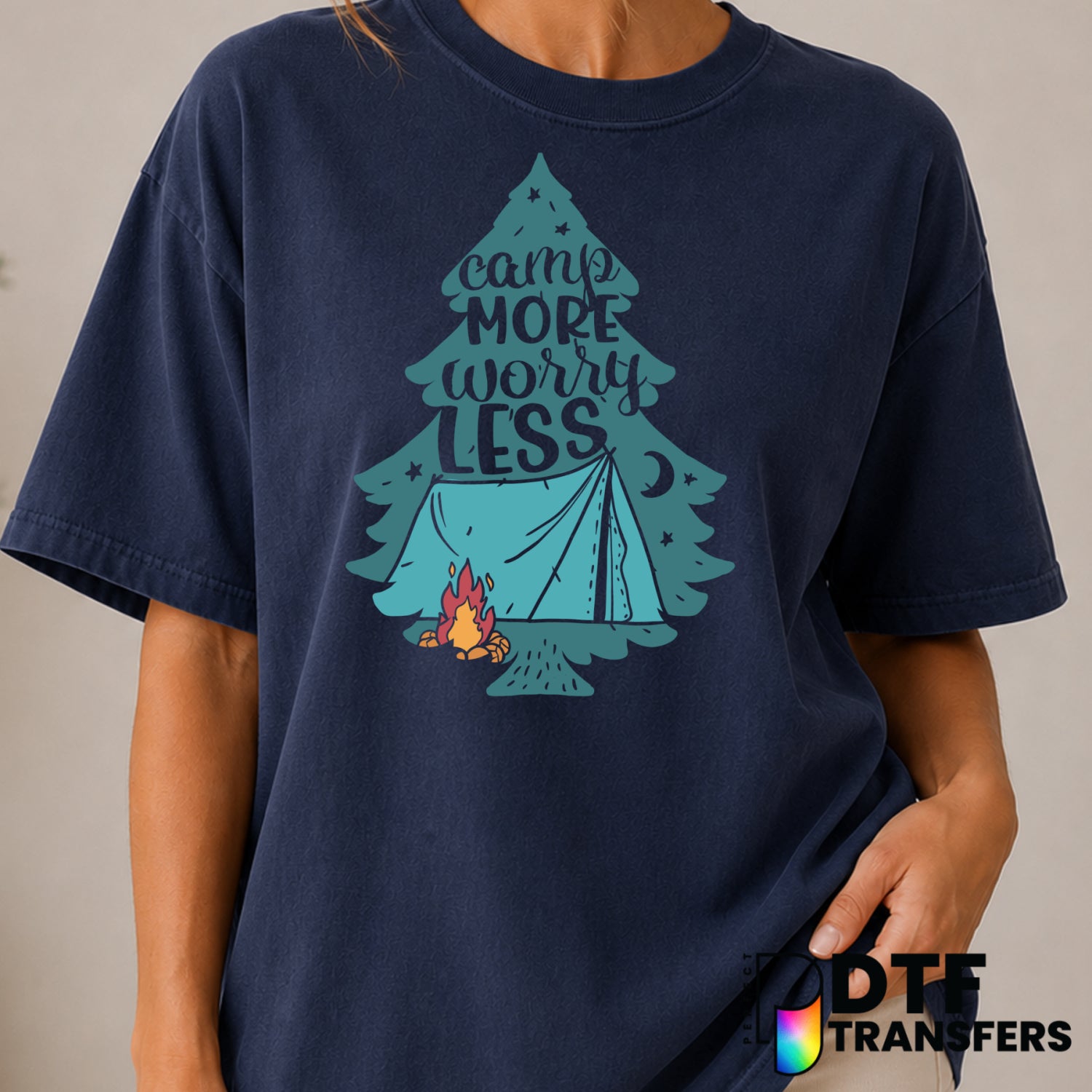 Camp More Worry Less – Camping DTF Transfer (view 1 of 2) – by Perfect DTF Transfers – Premade DTF Transfers – Camping, Ou...