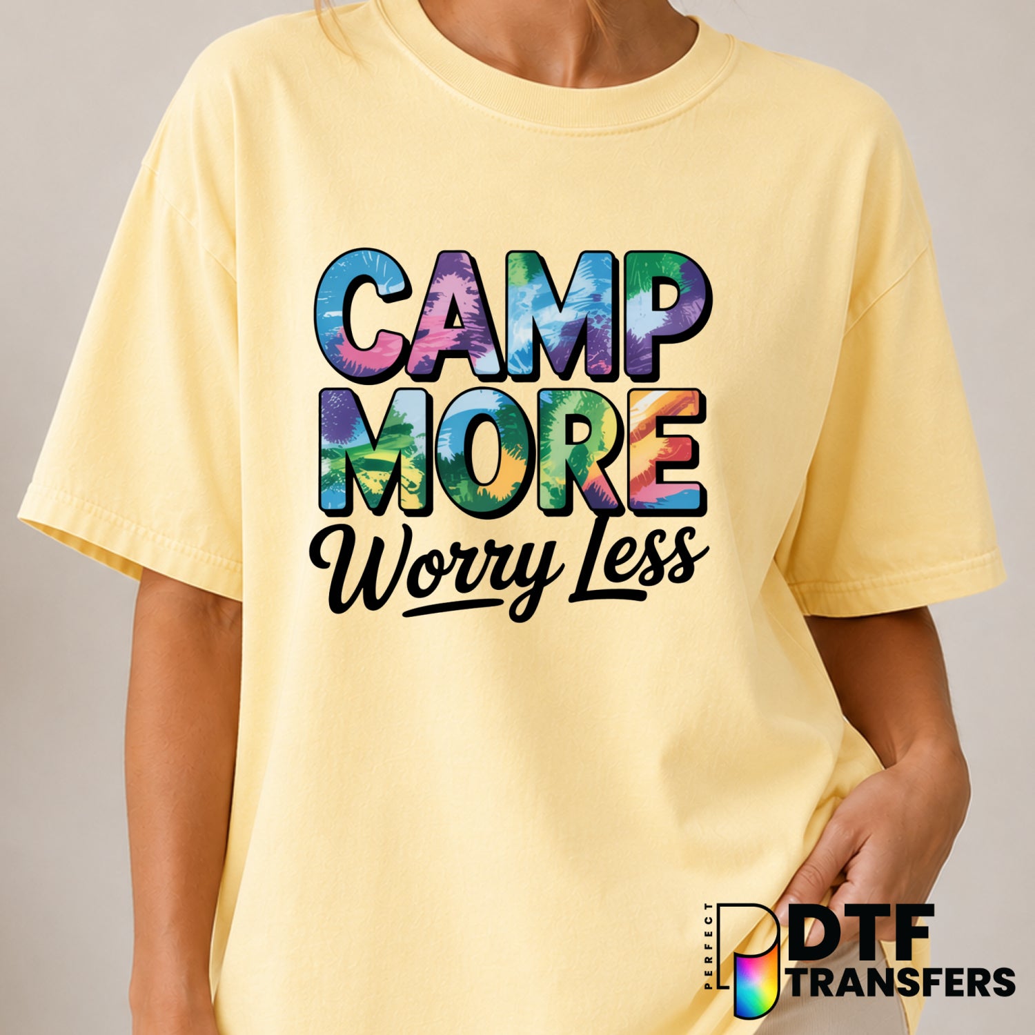 Camp More Worry Less – Camping DTF Transfer (view 1 of 2) – by Perfect DTF Transfers – Premade DTF Transfers – Camping, Ou...