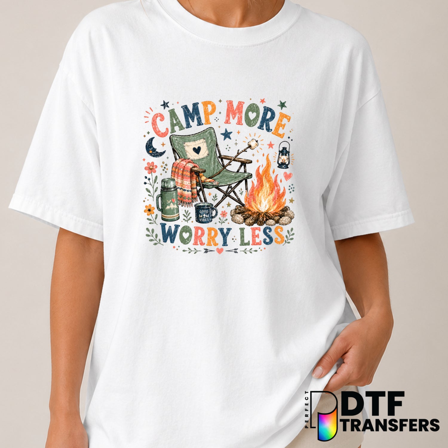 Camp More Worry Less – Camping DTF Transfer (view 1 of 2) – by Perfect DTF Transfers – Premade DTF Transfers – Camping, Ou...