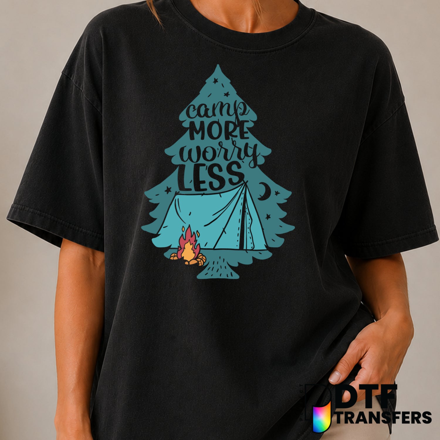 Camp More Worry Less – Camping DTF Transfer (view 2 of 2) – by Perfect DTF Transfers – Premade DTF Transfers – Camping, Ou...