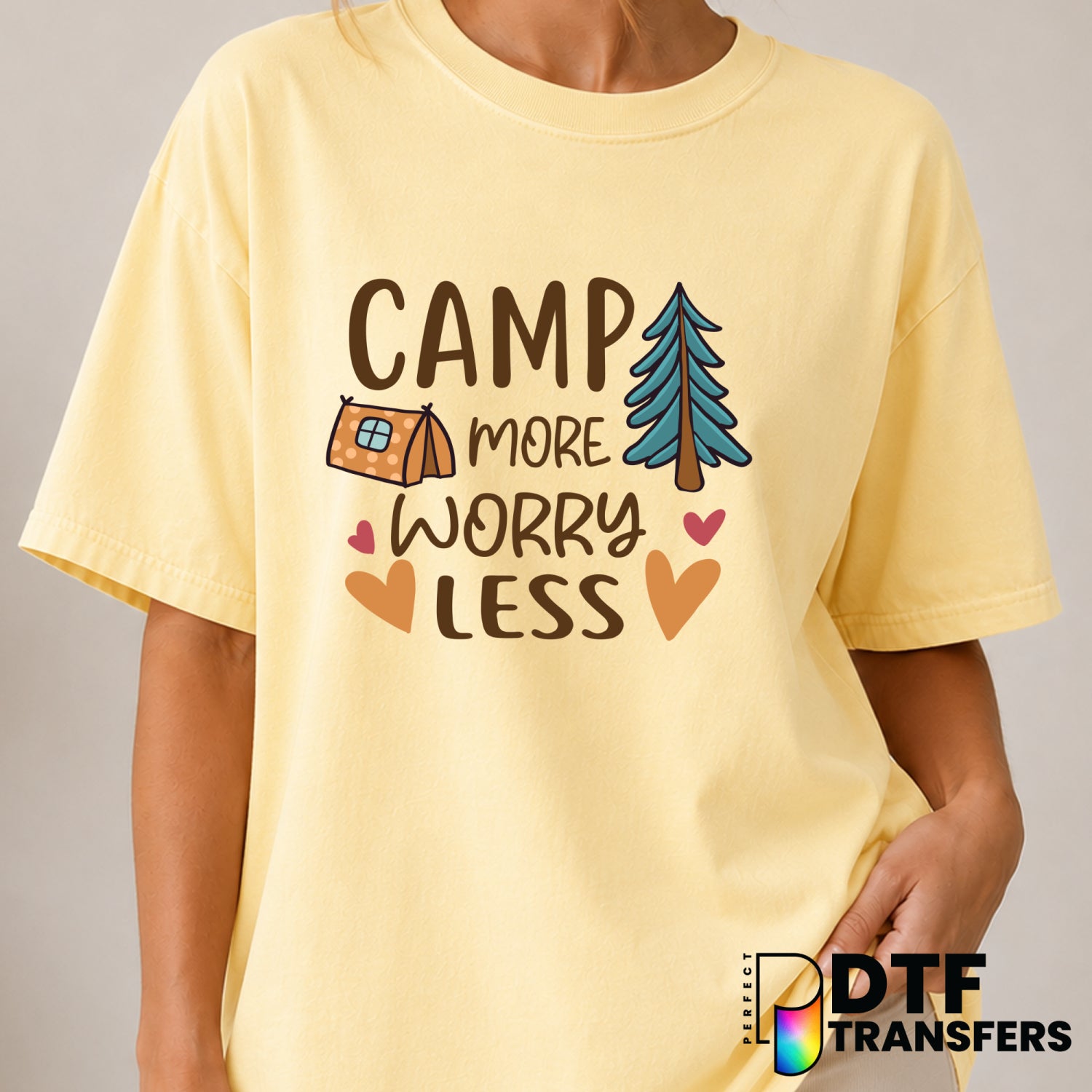 Camp More Worry Less – Camping DTF Transfer (view 2 of 2) – by Perfect DTF Transfers – Premade DTF Transfers – Camping, Ou...