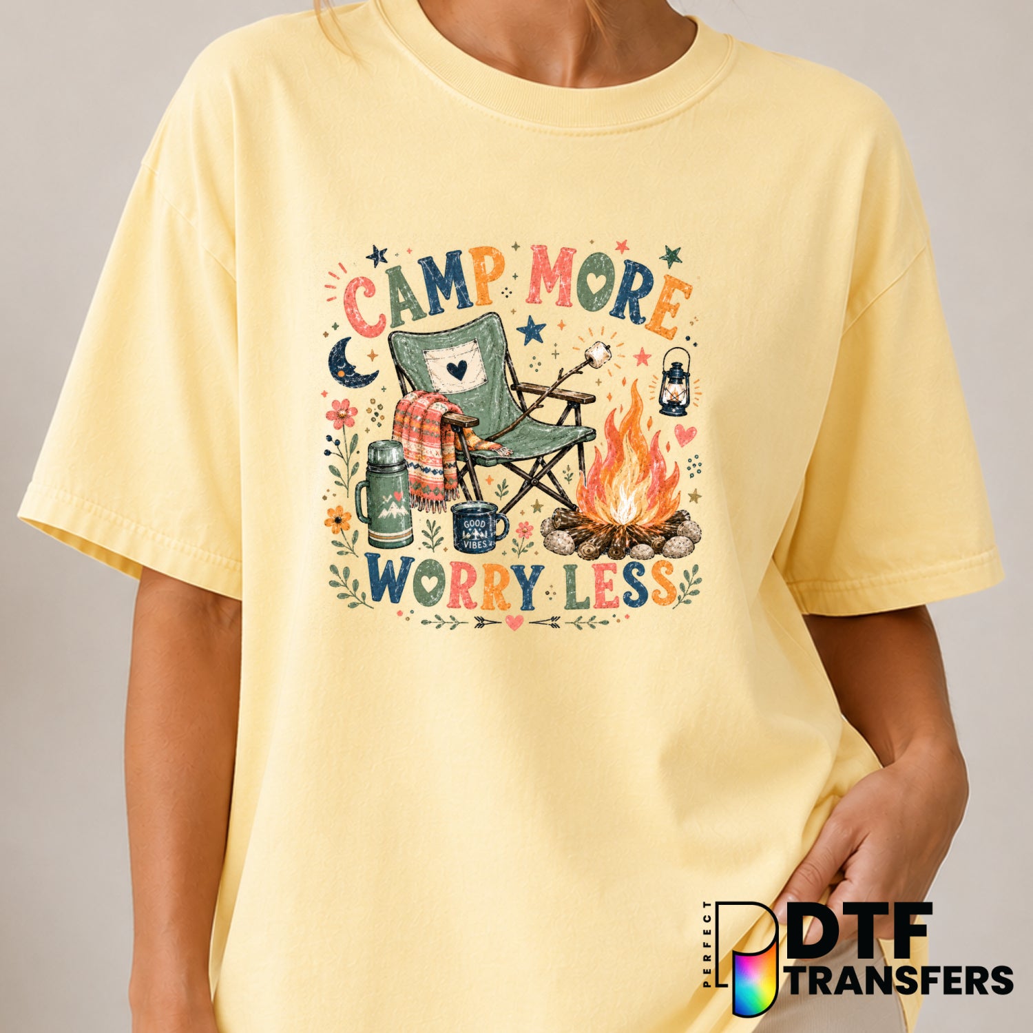 Camp More Worry Less – Camping DTF Transfer (view 2 of 2) – by Perfect DTF Transfers – Premade DTF Transfers – Camping, Ou...