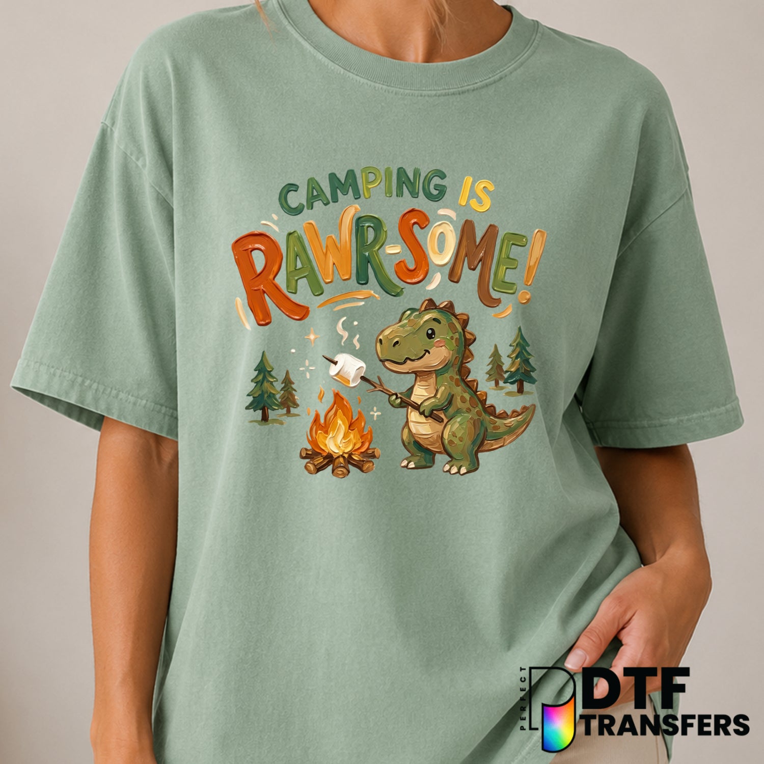 Camping Is Rawrsome – Camping DTF Transfer (view 2 of 2) – by Perfect DTF Transfers – Premade DTF Transfers – Camping, Out...