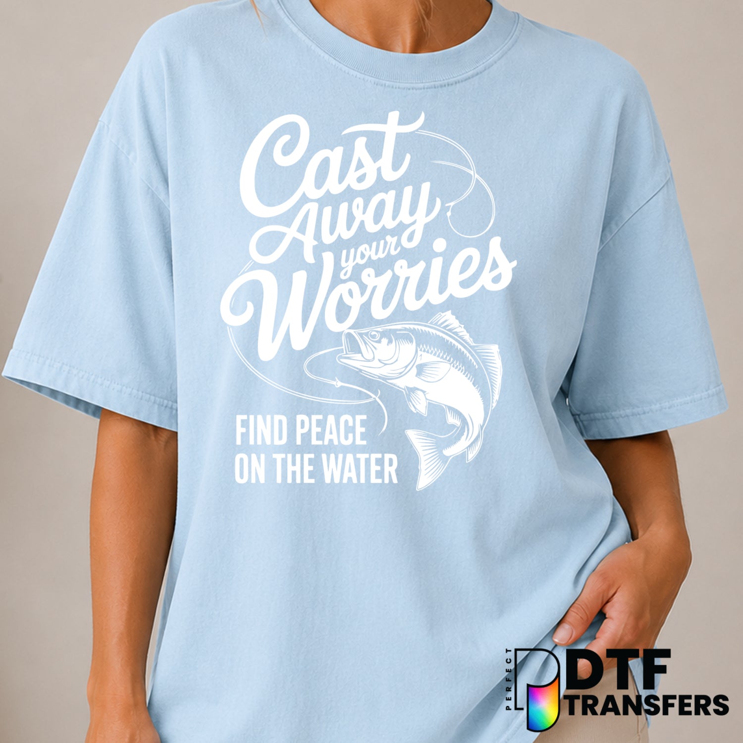 Cast Away Your Worries White Bass Fishing – DTF Transfer (view 1 of 2) – by Perfect DTF Transfers – Premade DTF Transfers...