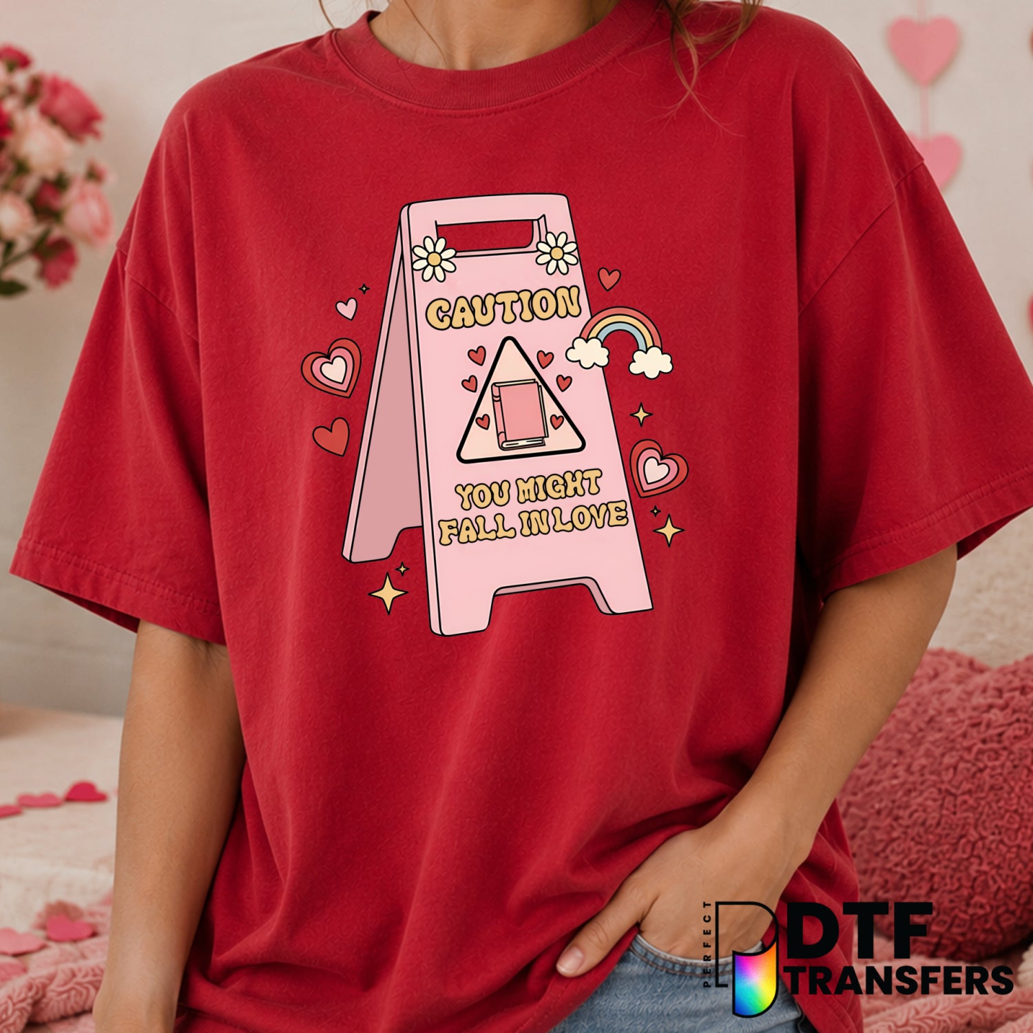 CAUTION You Might Fall In Love Bookish – Valentine's Day DTF Transfer (view 1 of 2) – by Perfect DTF Transfers – Premade D...