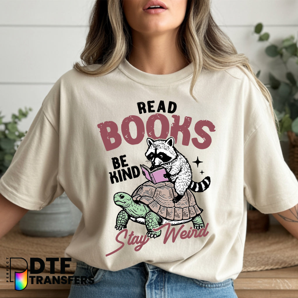 Read books be kind – Raccoon & Turtle Reading – Teacher DTF Transfer