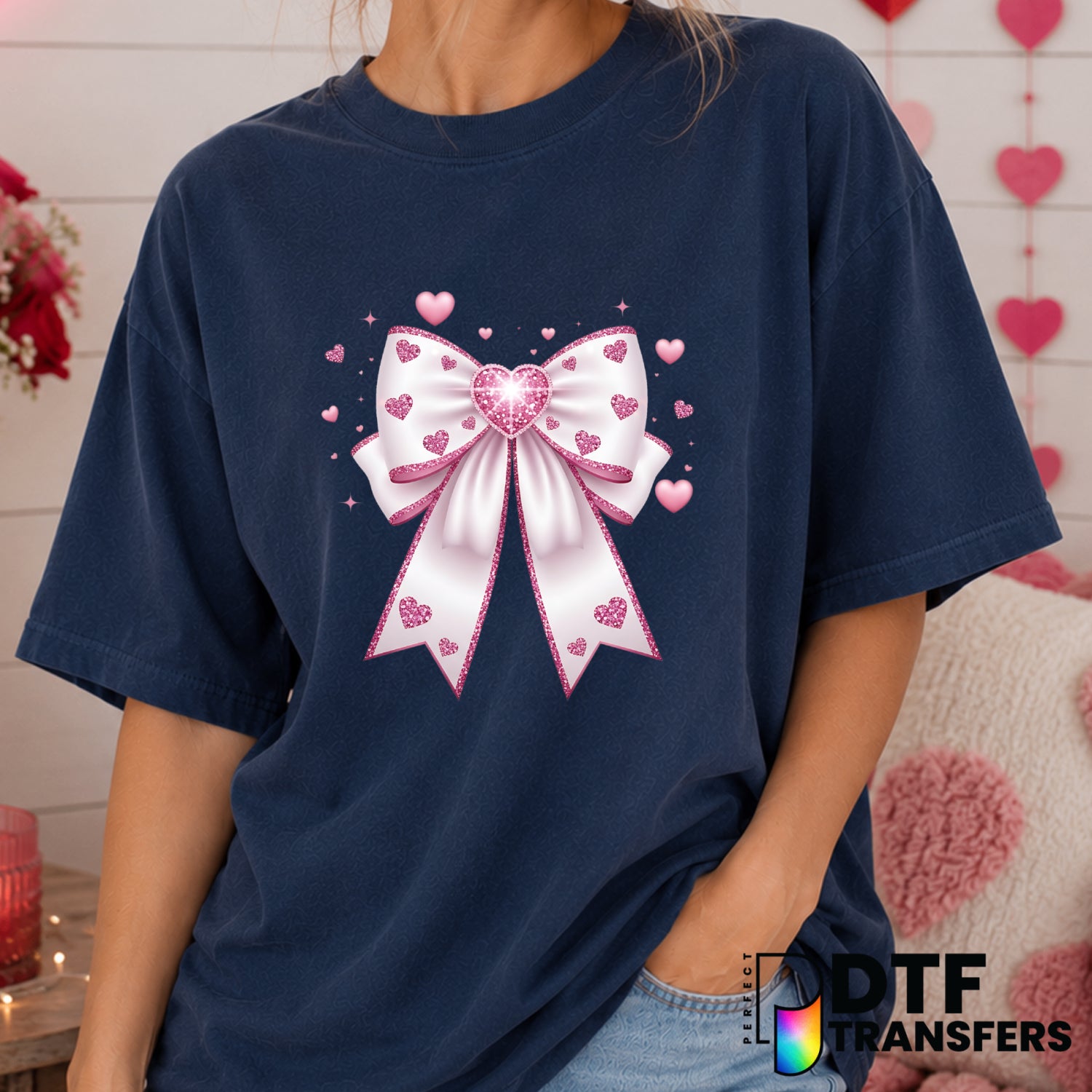 Coquette Bow Faux Glitter Hearts – Valentine's Day DTF Transfer (view 2 of 2) – by Perfect DTF Transfers – Premade DTF Tra...