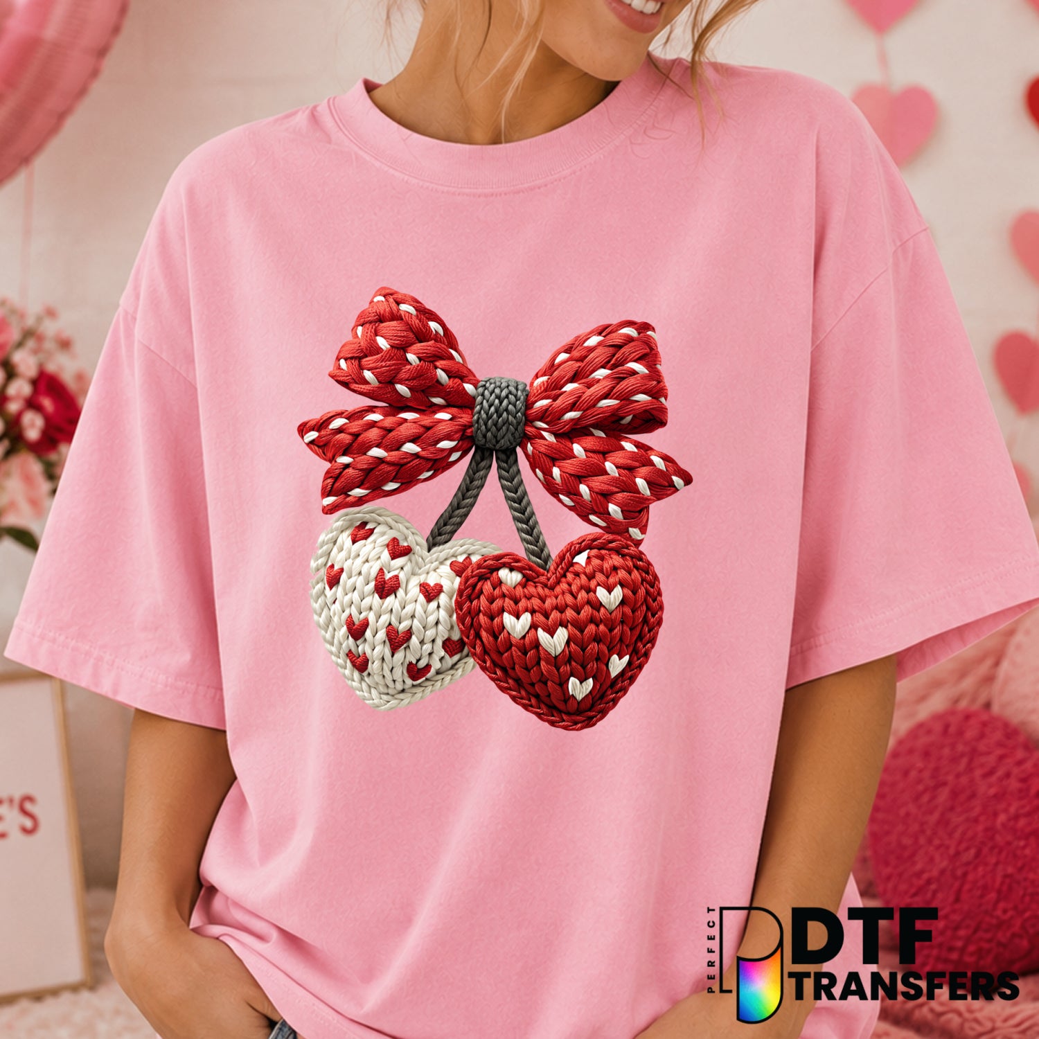 Coquette Cherries & Hearts with Bow – Valentine's Day DTF Transfer (view 1 of 2) – by Perfect DTF Transfers – Premade DTF...