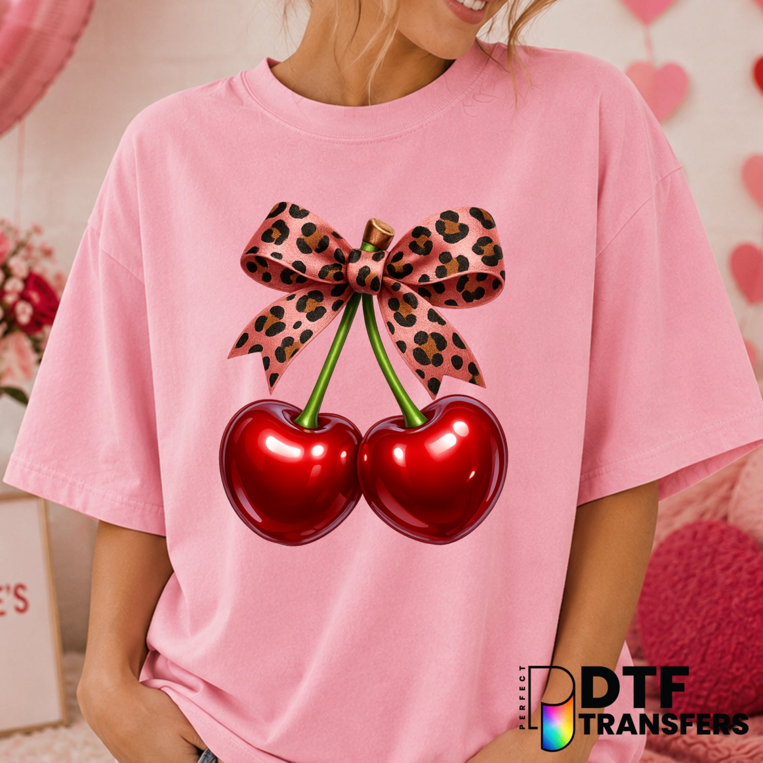 Coquette Cherries Leopard Bow – Valentine's Day DTF Transfer (view 1 of 2) – by Perfect DTF Transfers – Premade DTF Transf...