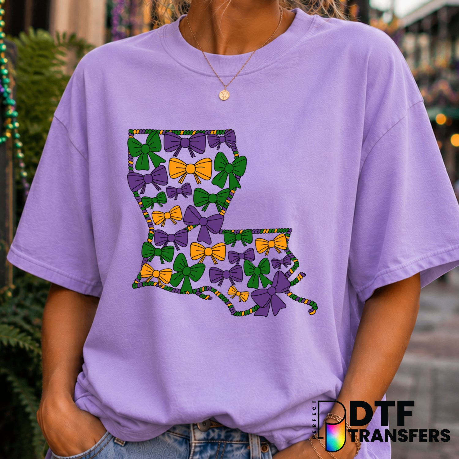 Coquette Louisiana Mardi Gras Bows Colorful Beads – DTF Transfer (view 1 of 2) – by Perfect DTF Transfers – Premade DTF Tr...