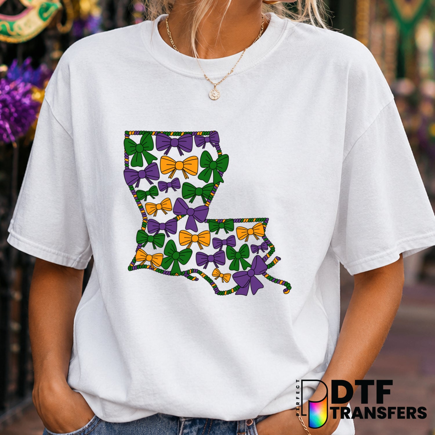 Coquette Louisiana Mardi Gras Bows Colorful Beads – DTF Transfer (view 2 of 2) – by Perfect DTF Transfers – Premade DTF Tr...