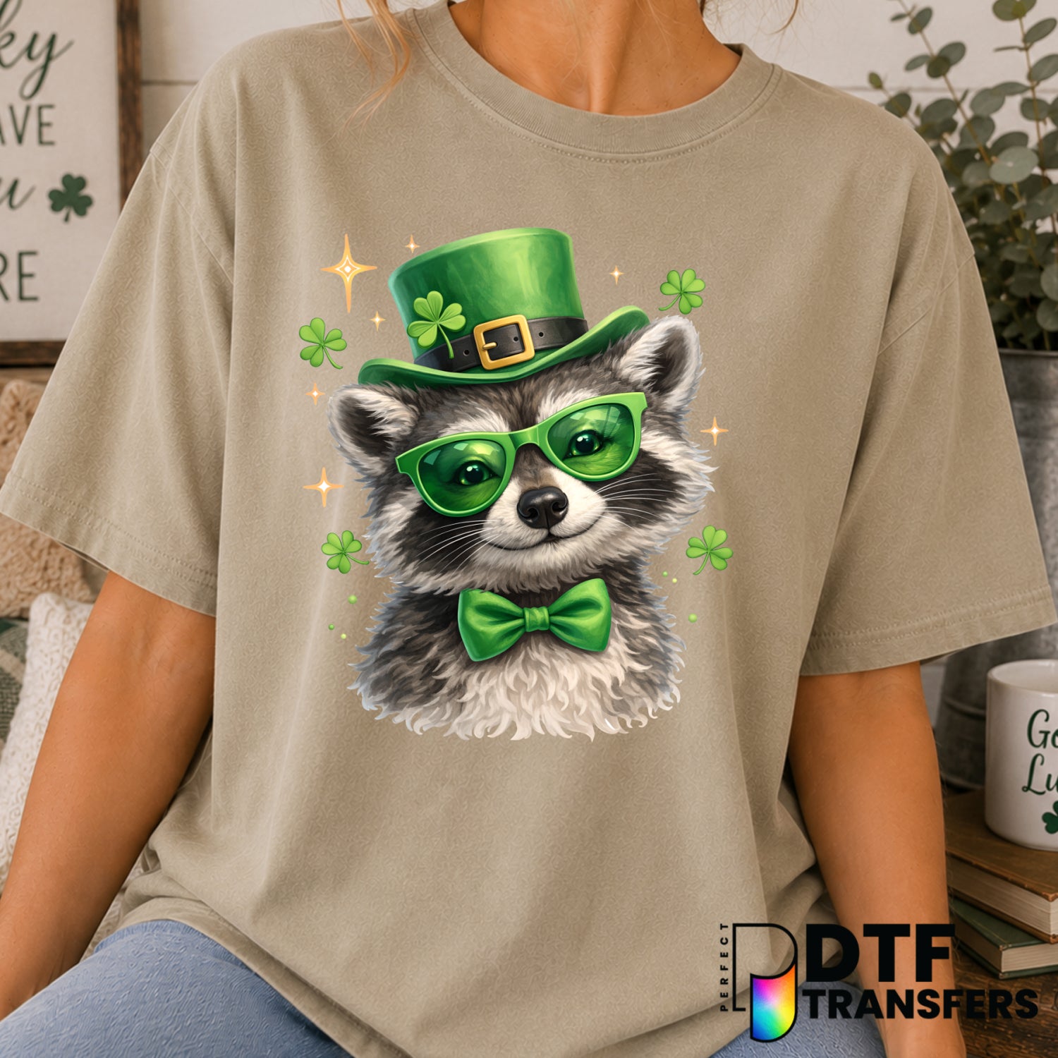 Coquette Raccoon Shamrock – St. Patrick's Day DTF Transfer (view 1 of 2) – by Perfect DTF Transfers – Premade DTF Transfer...