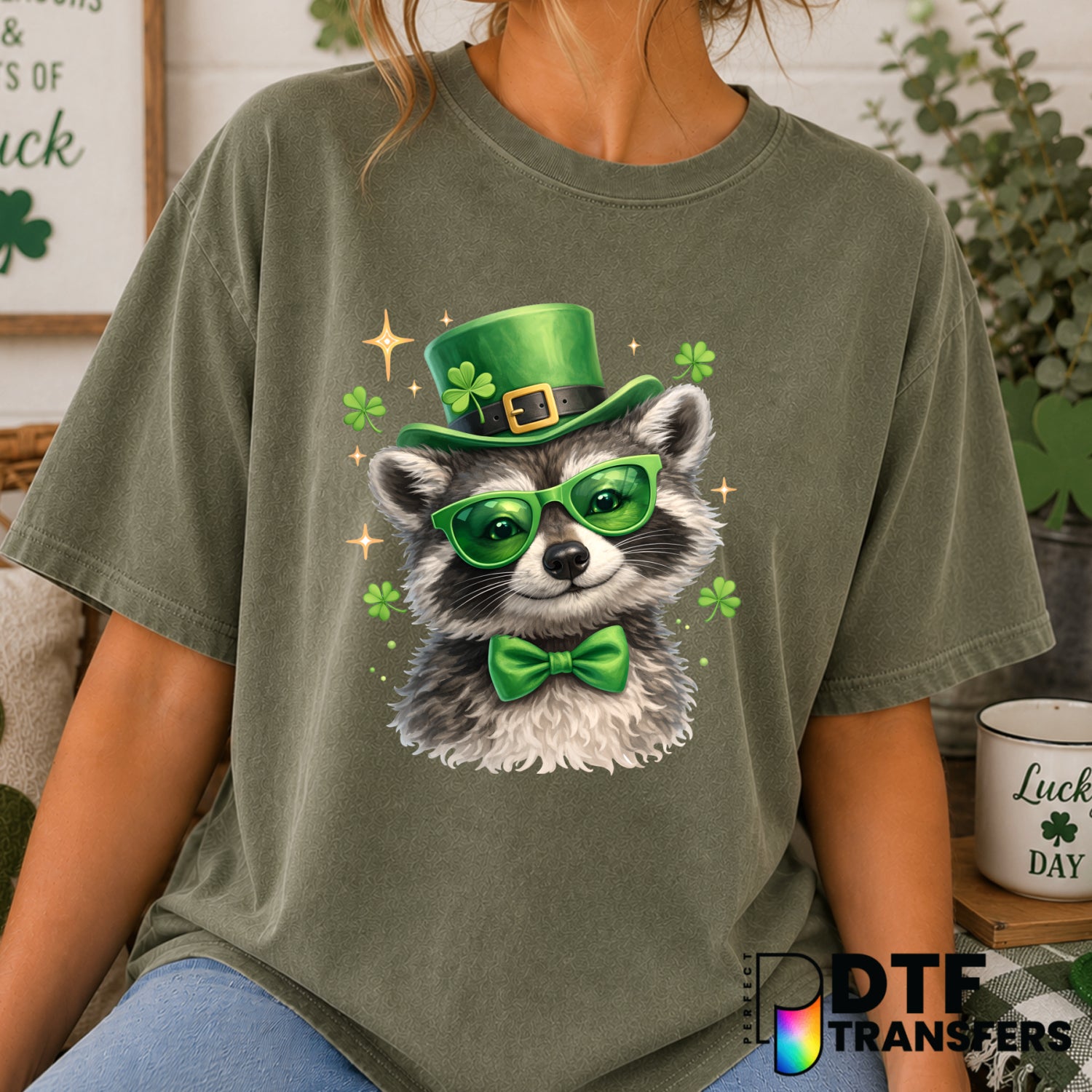 Coquette Raccoon Shamrock – St. Patrick's Day DTF Transfer (view 2 of 2) – by Perfect DTF Transfers – Premade DTF Transfer...