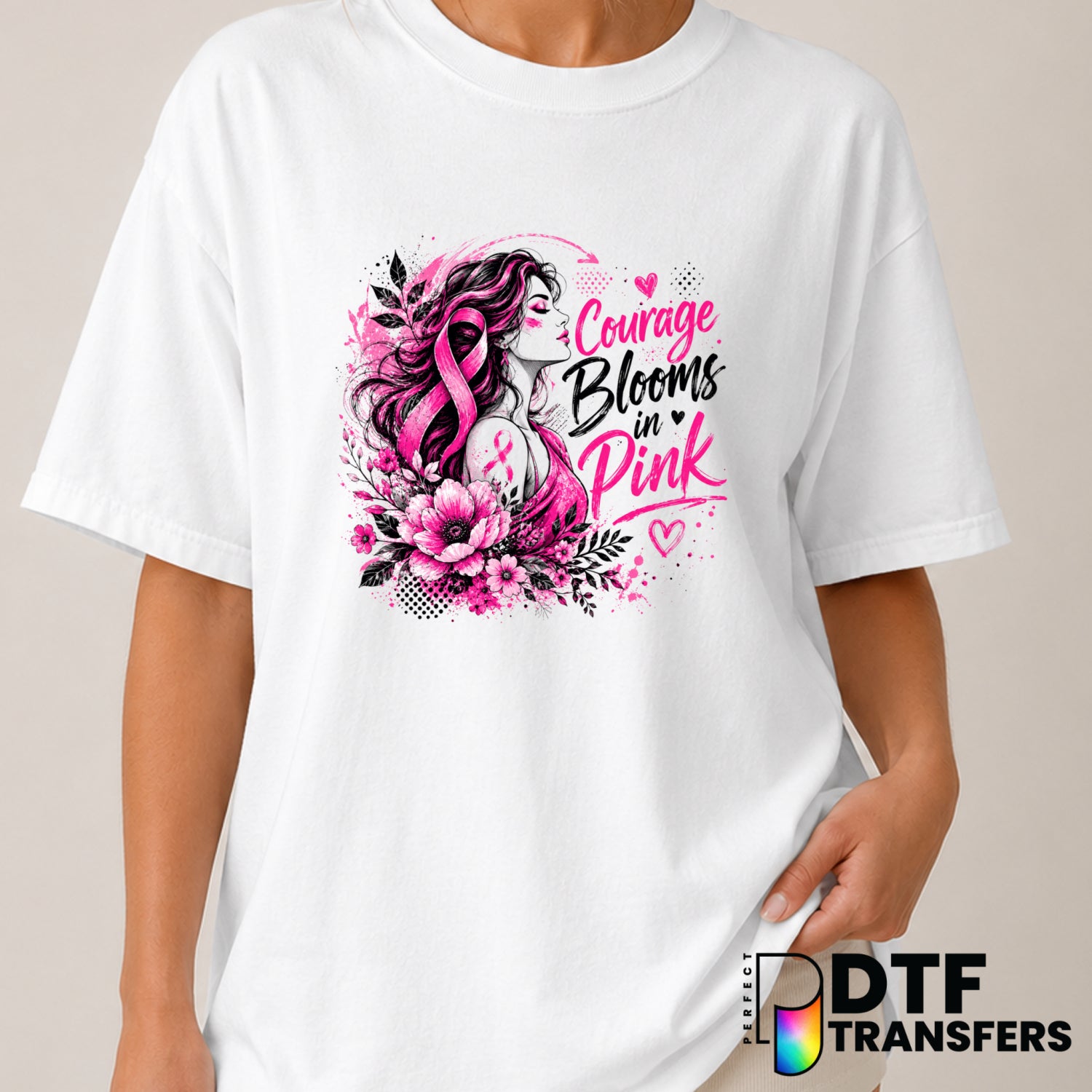 Courage Blooms in Pink – Cancer Awareness DTF Transfer (view 2 of 2) – by Perfect DTF Transfers – Premade DTF Transfers –...
