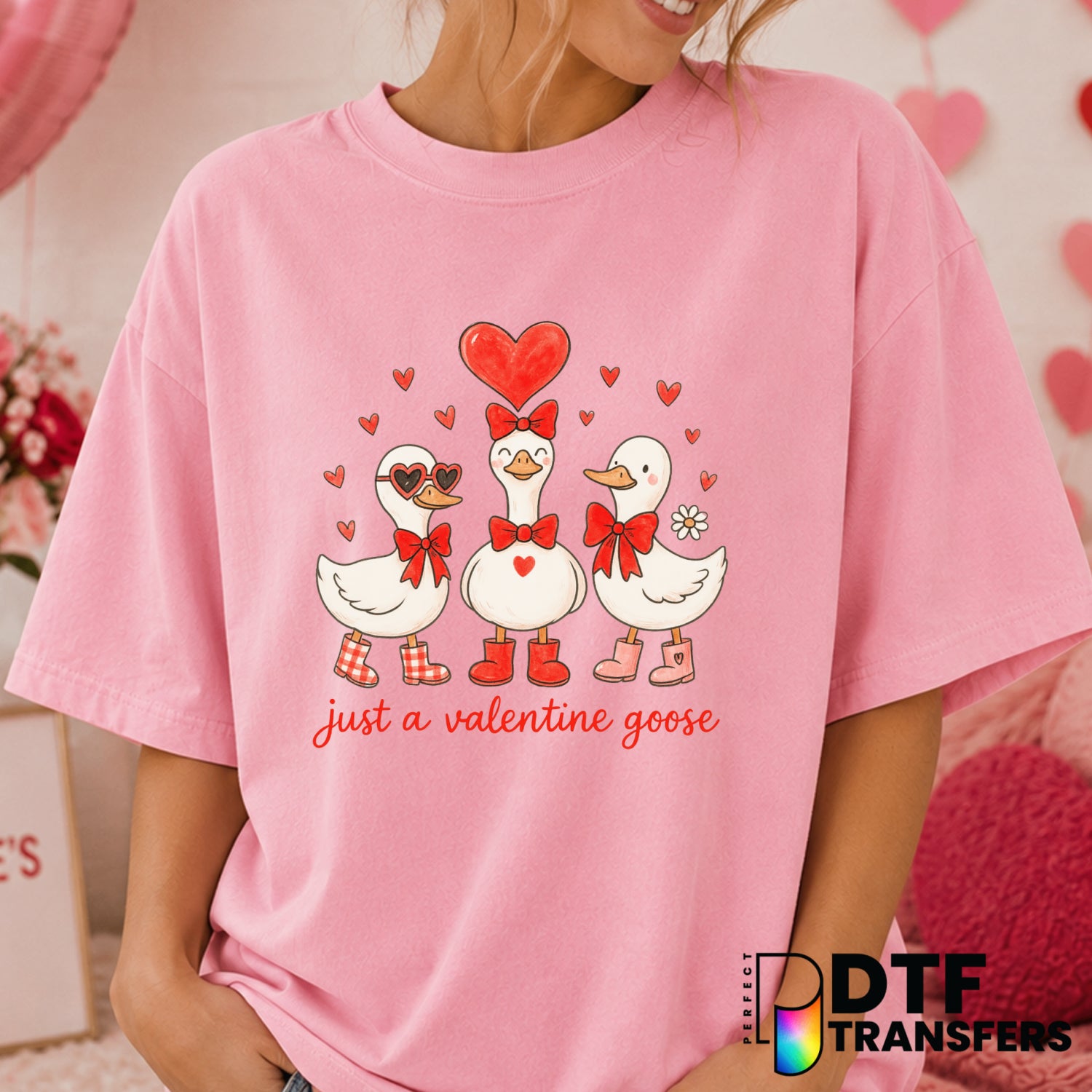 Cute Silly Goose Floral Valentine's Day DTF Transfer (view 2 of 2) – by Perfect DTF Transfers – Premade DTF Transfers – Va...