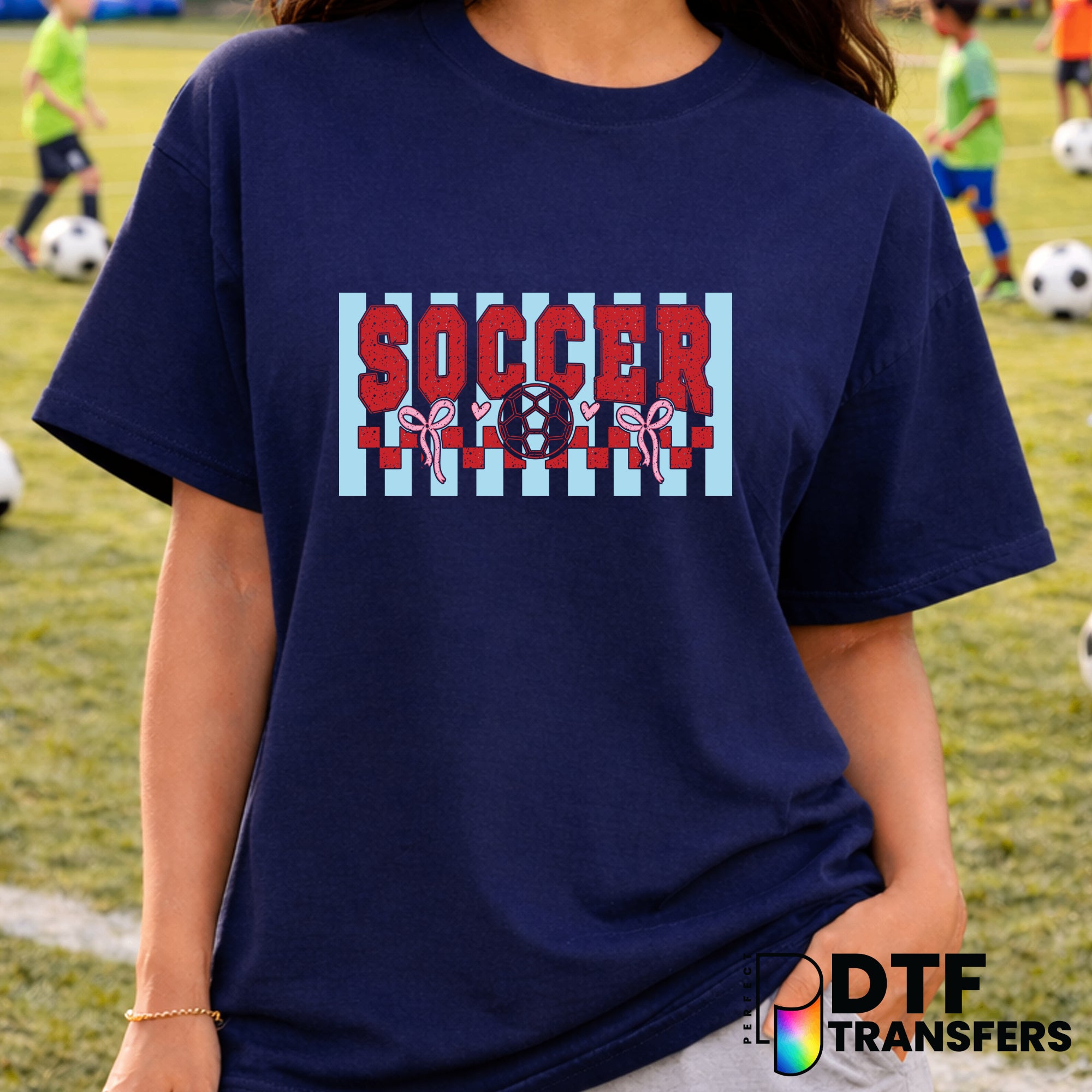 SOCCER STRIPES CHECKERED BOWS VARSITY ARCH – Soccer DTF Transfer