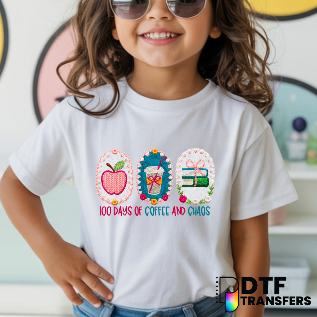 100 Days of Coffee and Chaos - 100 Days of School Teacher DTF Transfer