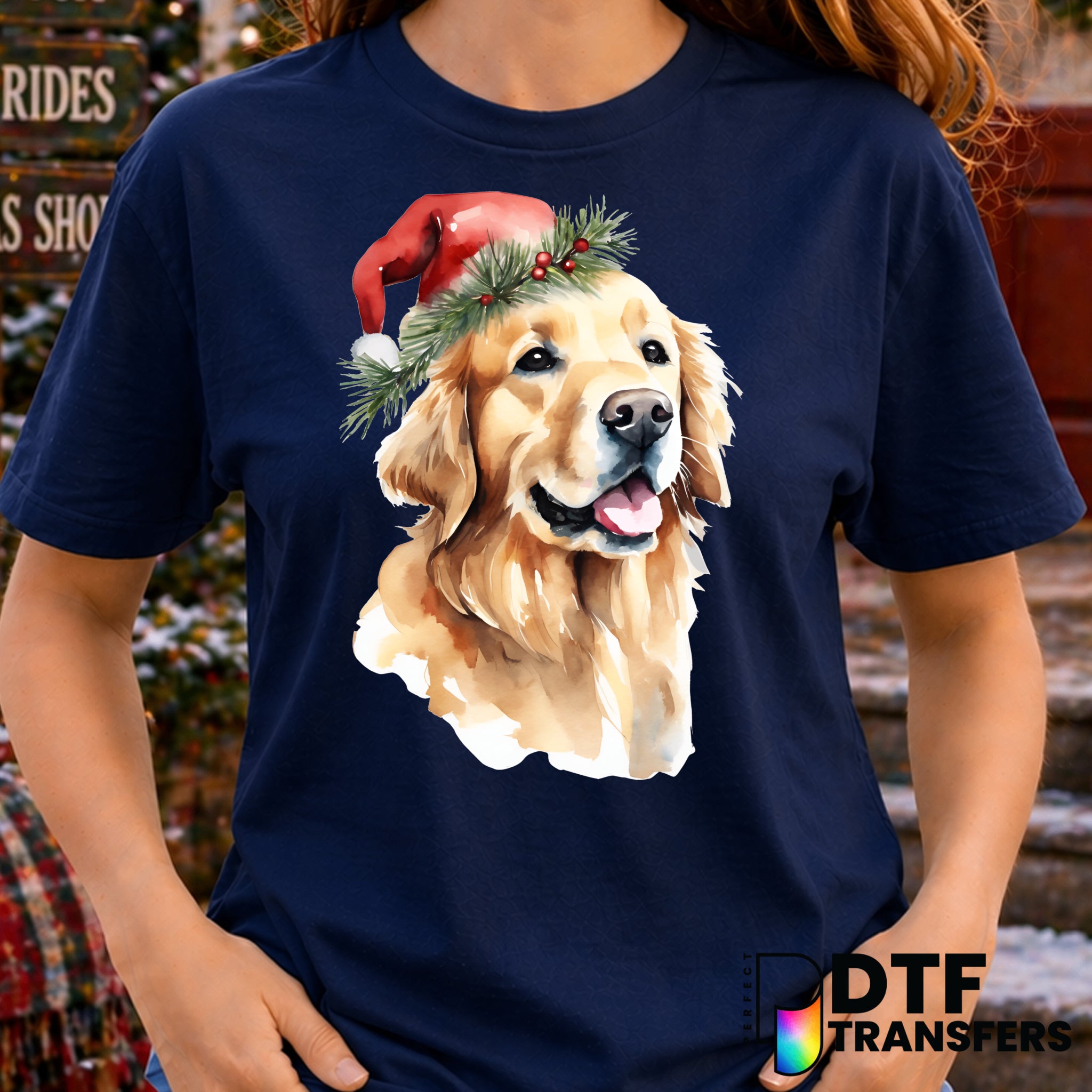 Golden Retriever with Santa Hat – Christmas DTF Transfer
