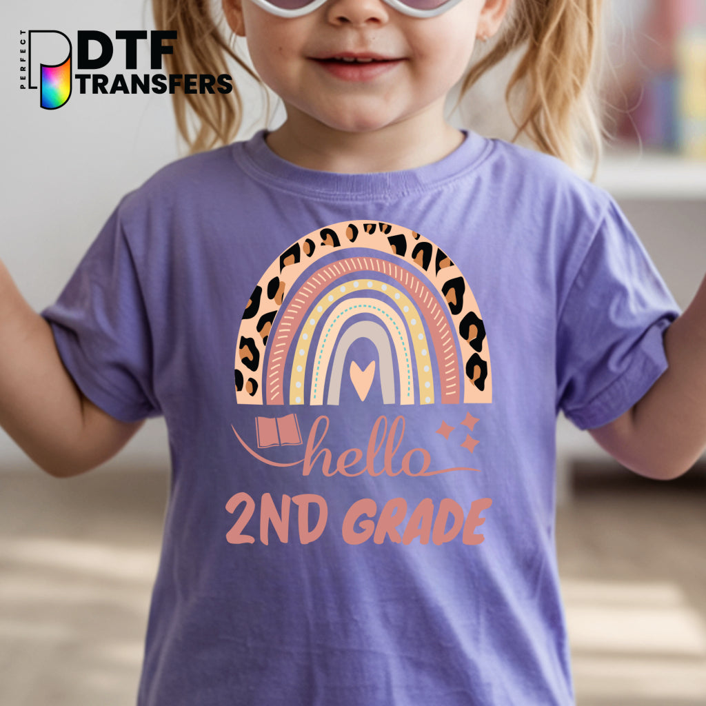 "Hello Second Grade" Pink Leopard Rainbow – Teacher DTF Transfer