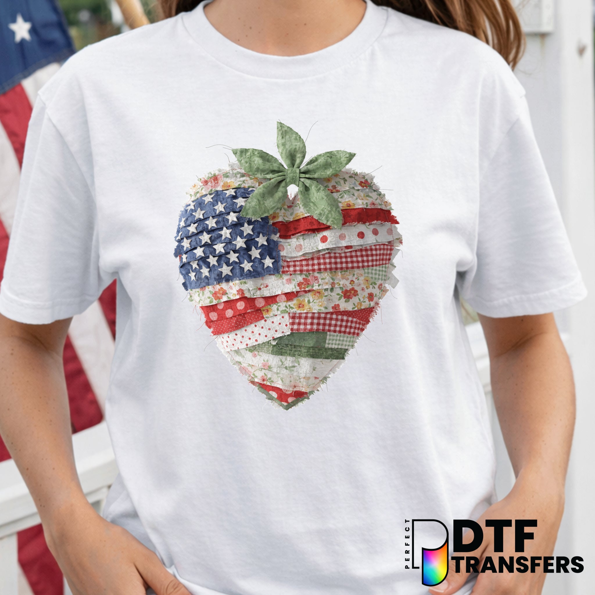 Faux Patchwork Strawberry – Fourth of July DTF Transfer