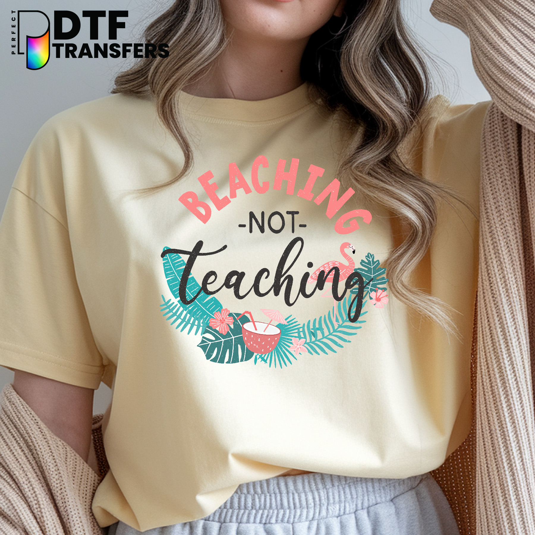 Beaching Not Teaching – Ocean Wave Sun Palm Tree Teacher DTF Transfer