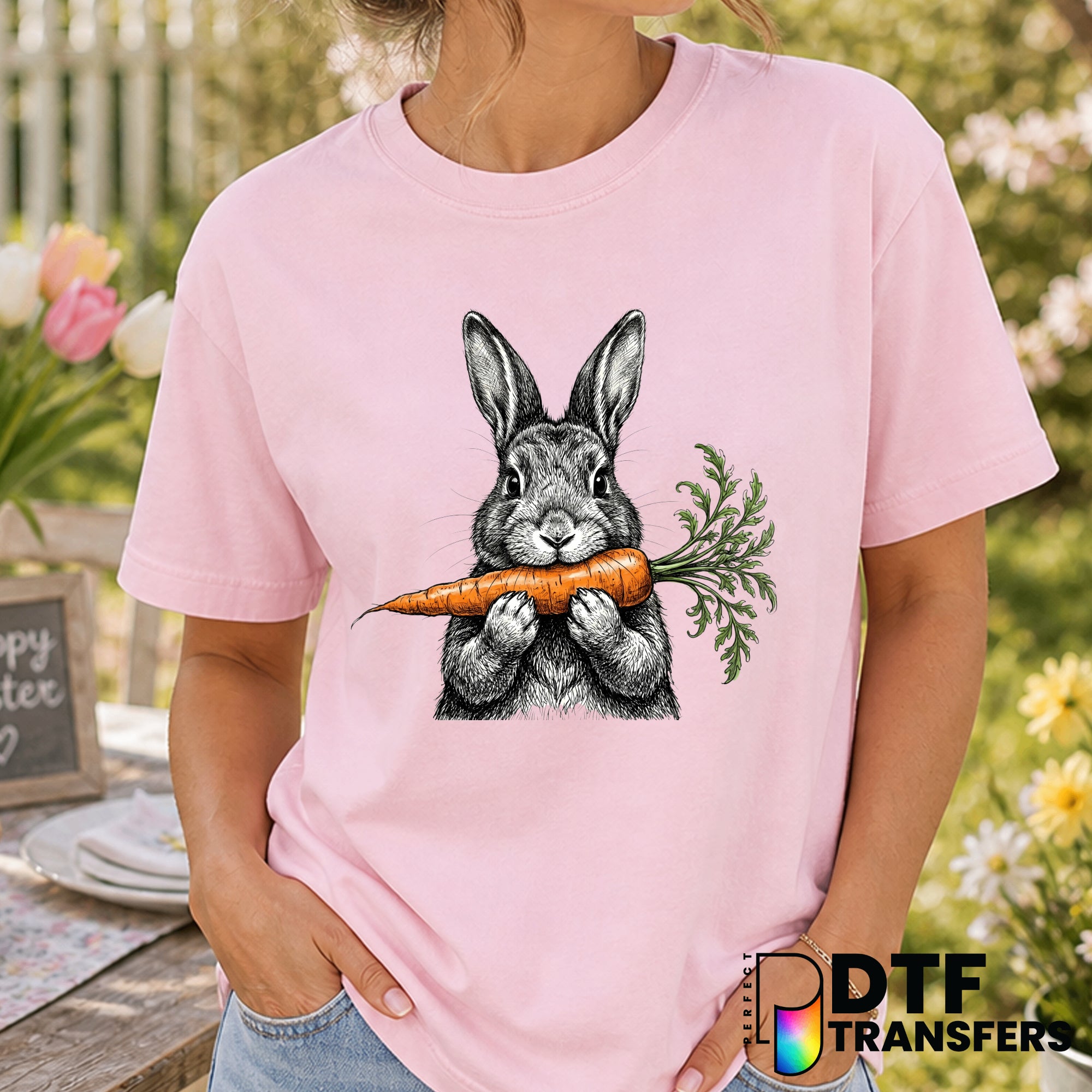 Cute Bunny Holding Carrot – Easter DTF Transfer
