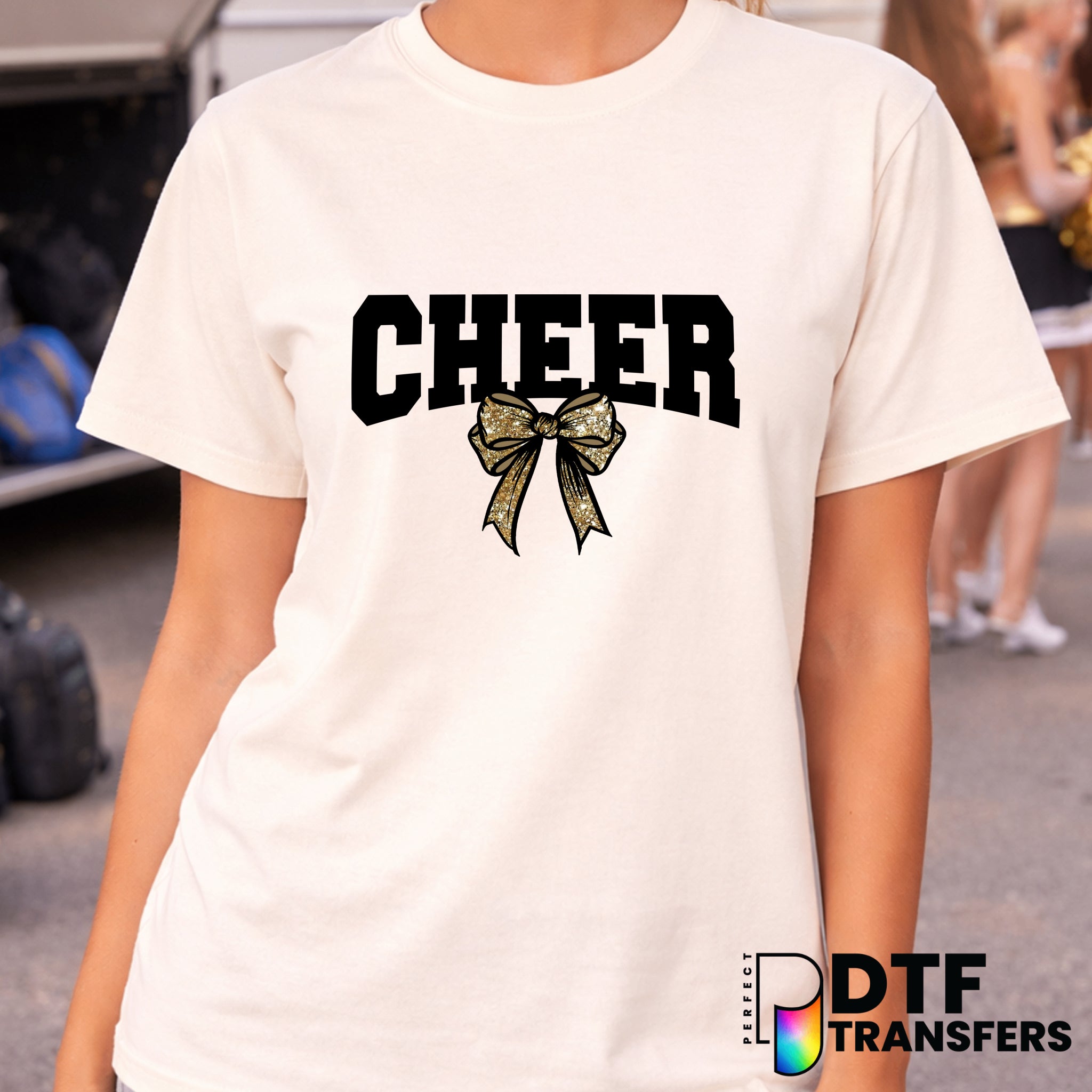 Cheer Varsity Arch With Coquette Gold Bow – Cheerleading DTF Transfer