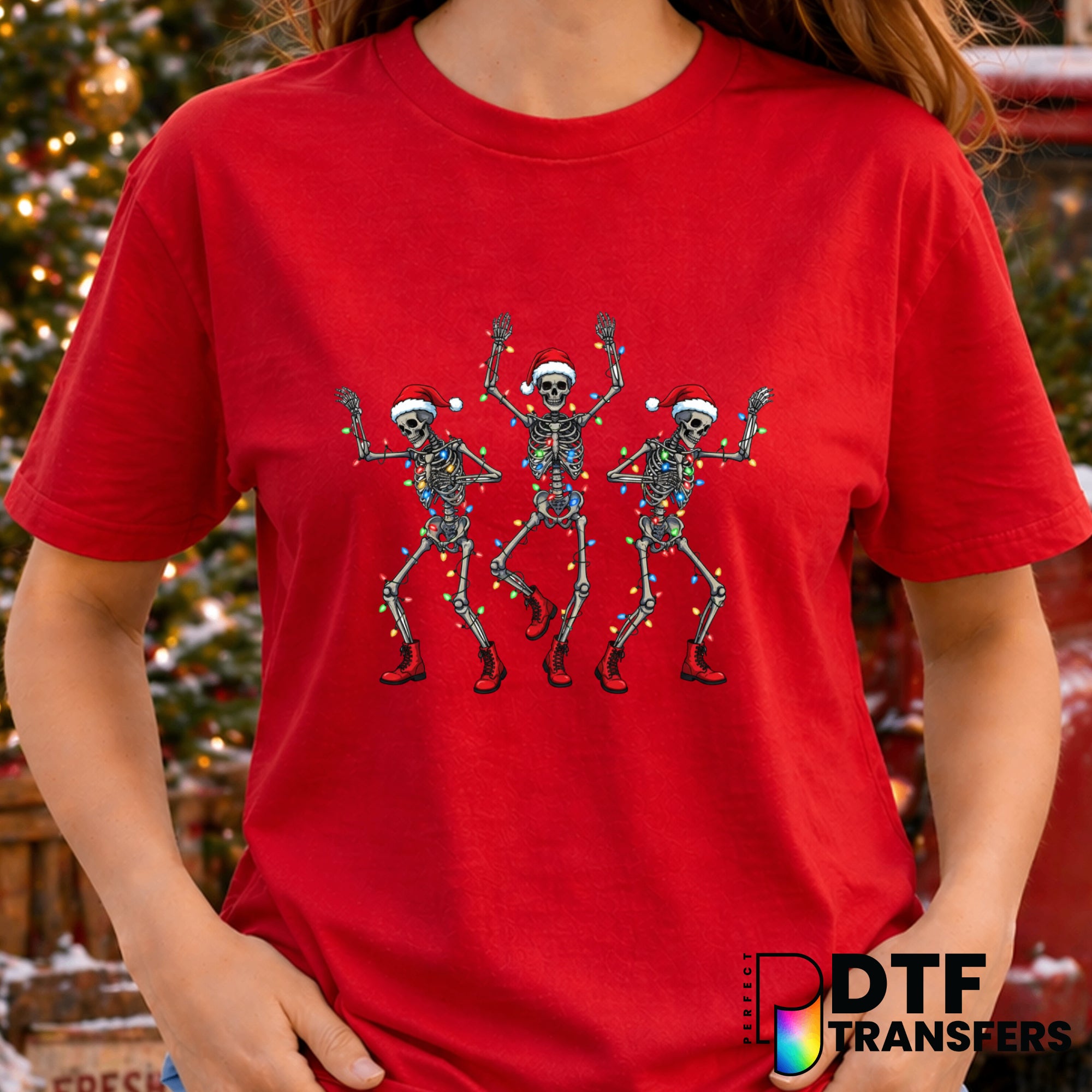 Dancing Skeletons Santa Hat Lights – Christmas DTF Transfer