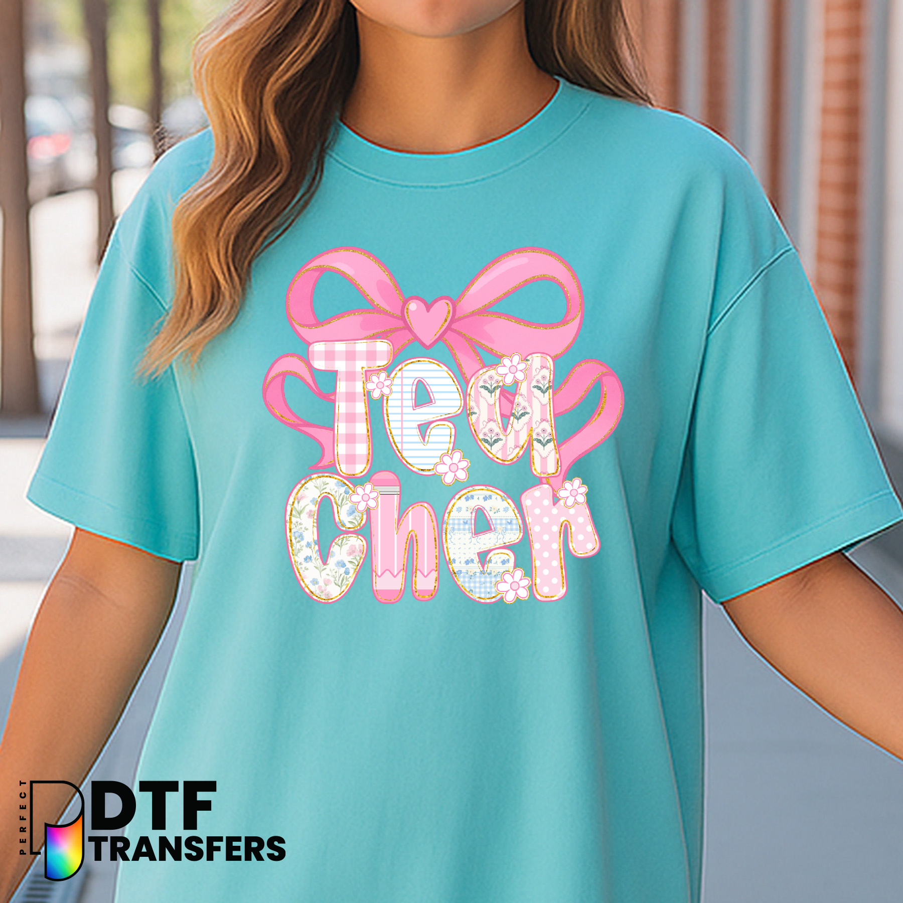 LOVE Pink Heart Bow – Teacher DTF Transfer