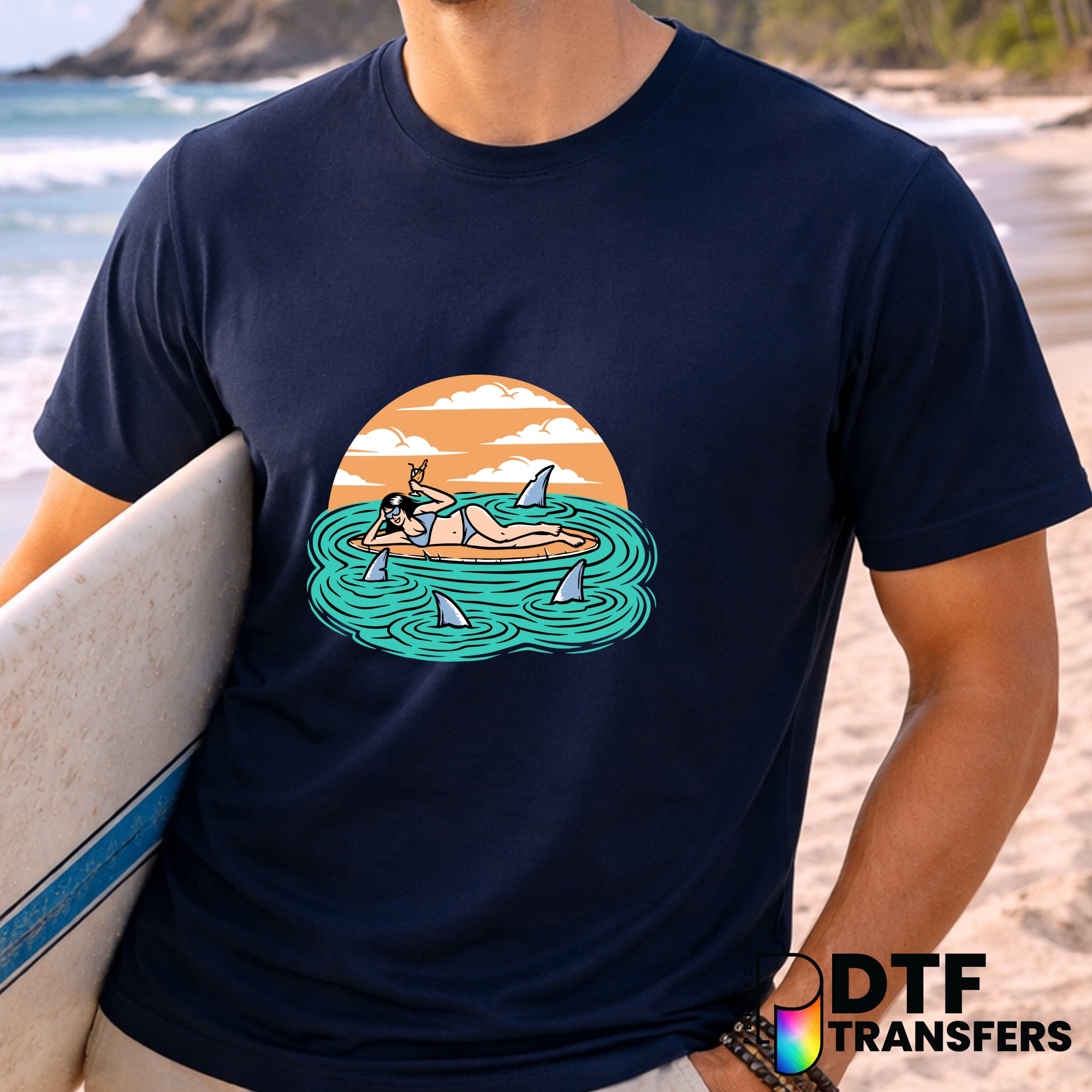 Woman Surfer & Sharks – Surfing DTF Transfer