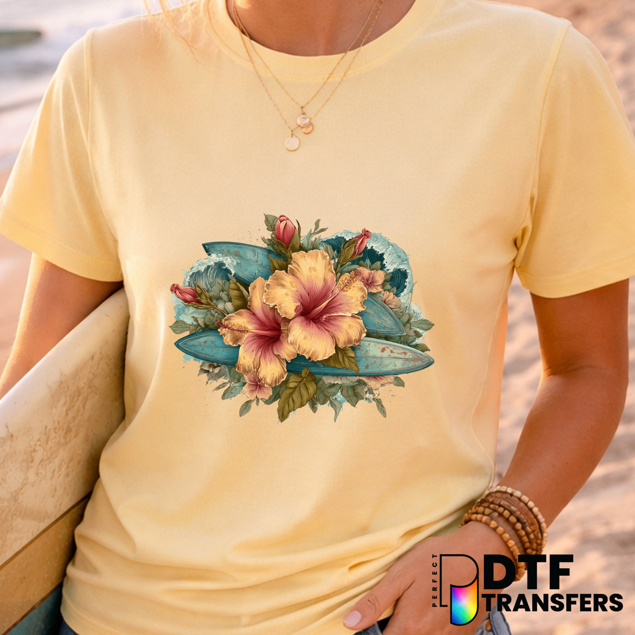 Retro Surfboard Tropical Flowers – Surfing DTF Transfer