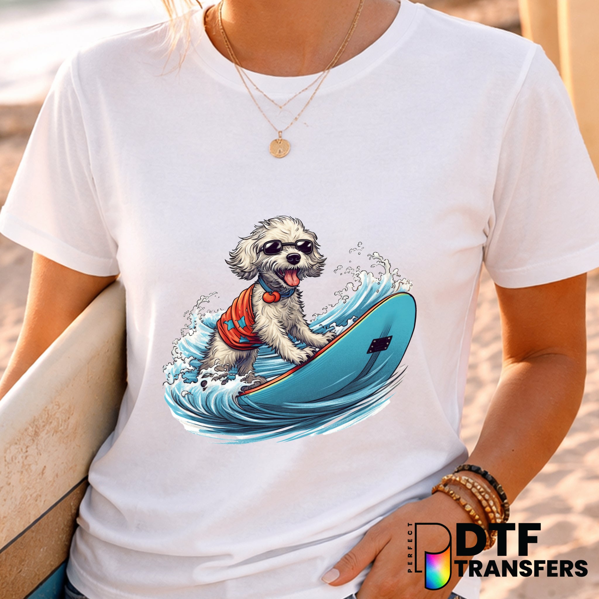 Cute Surfing Dog SUMMER VIBES – Surfing DTF Transfer