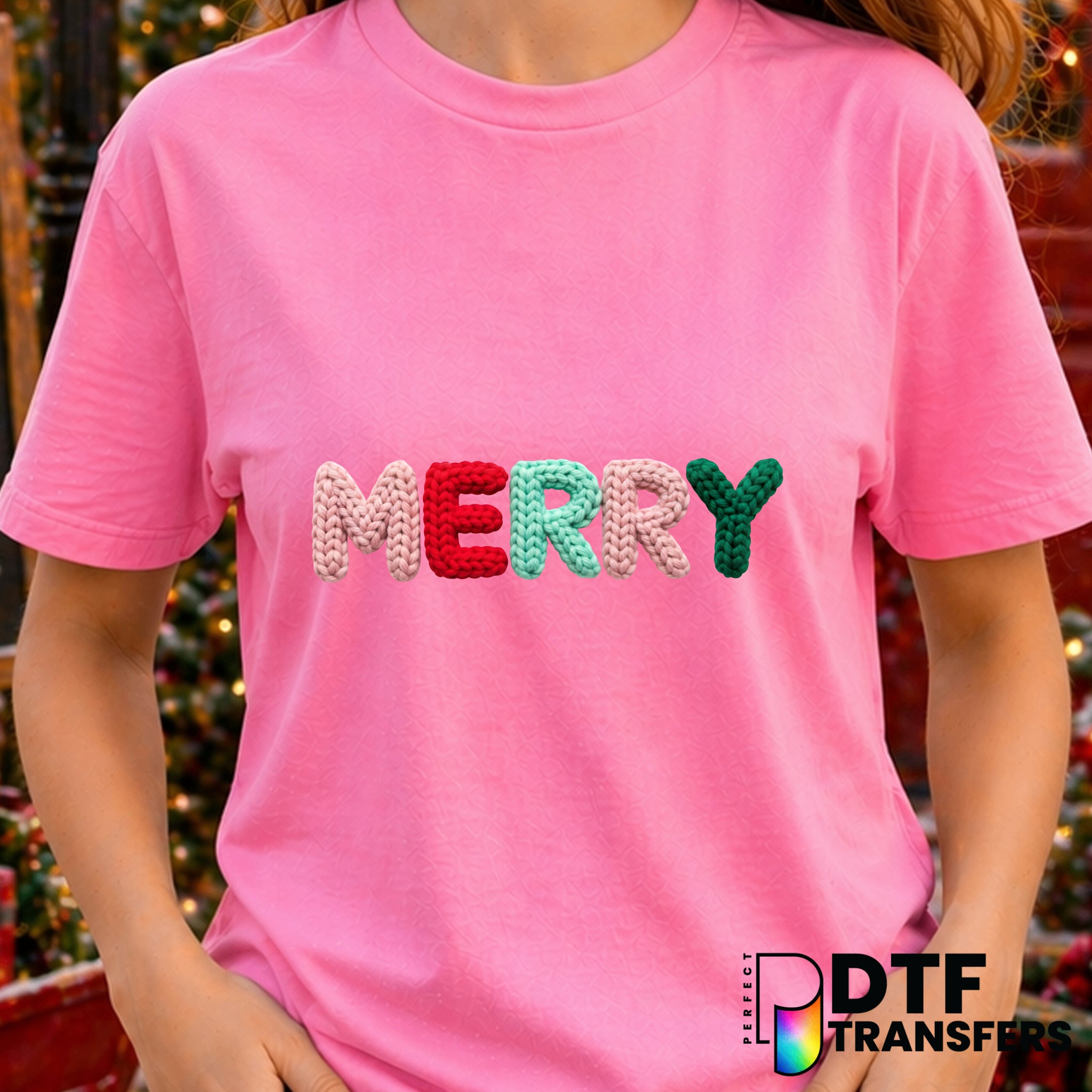 "Merry Christmas" Pastel Faux Embroidery – Christmas DTF Transfer