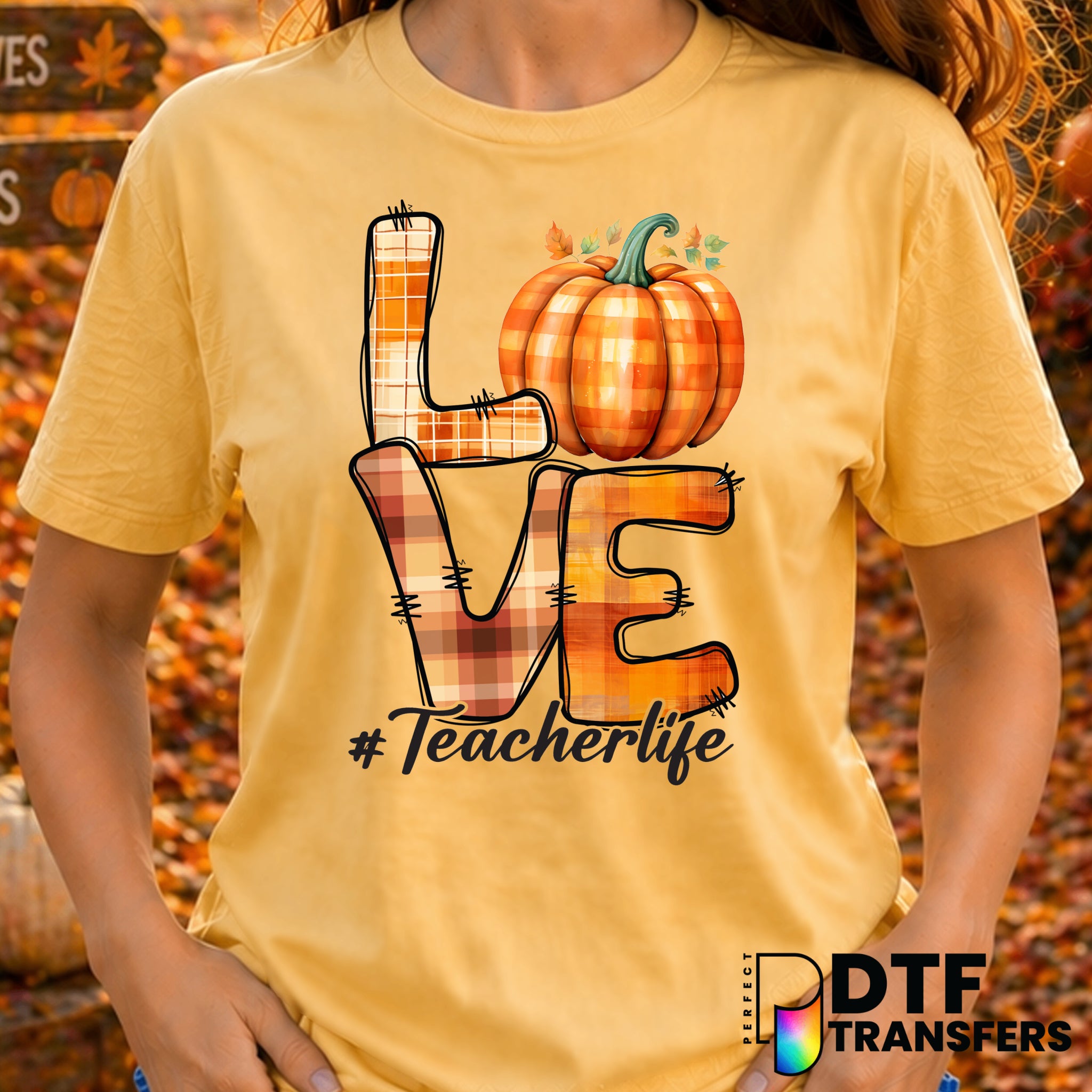 LOVE Stacked Plaid Pumpkin Thanksgiving Teacher Life – Thanksgiving DTF Transfer