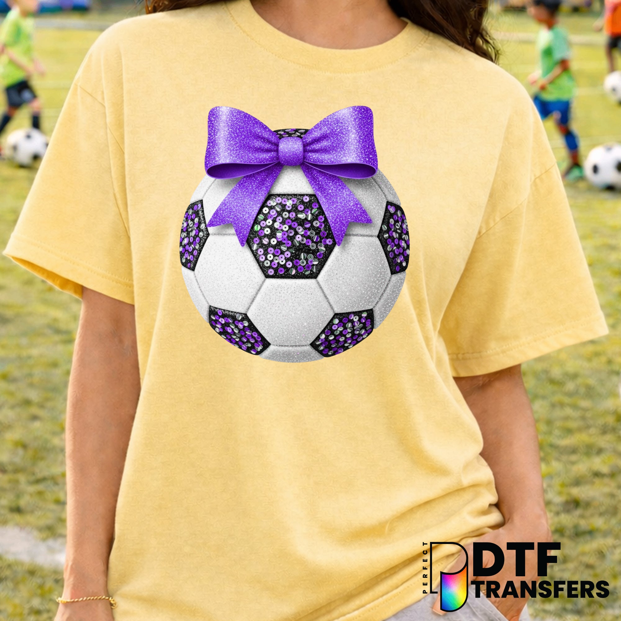 Purple Glitter Sequin Soccer Ball Coquette Bow – Soccer DTF Transfer