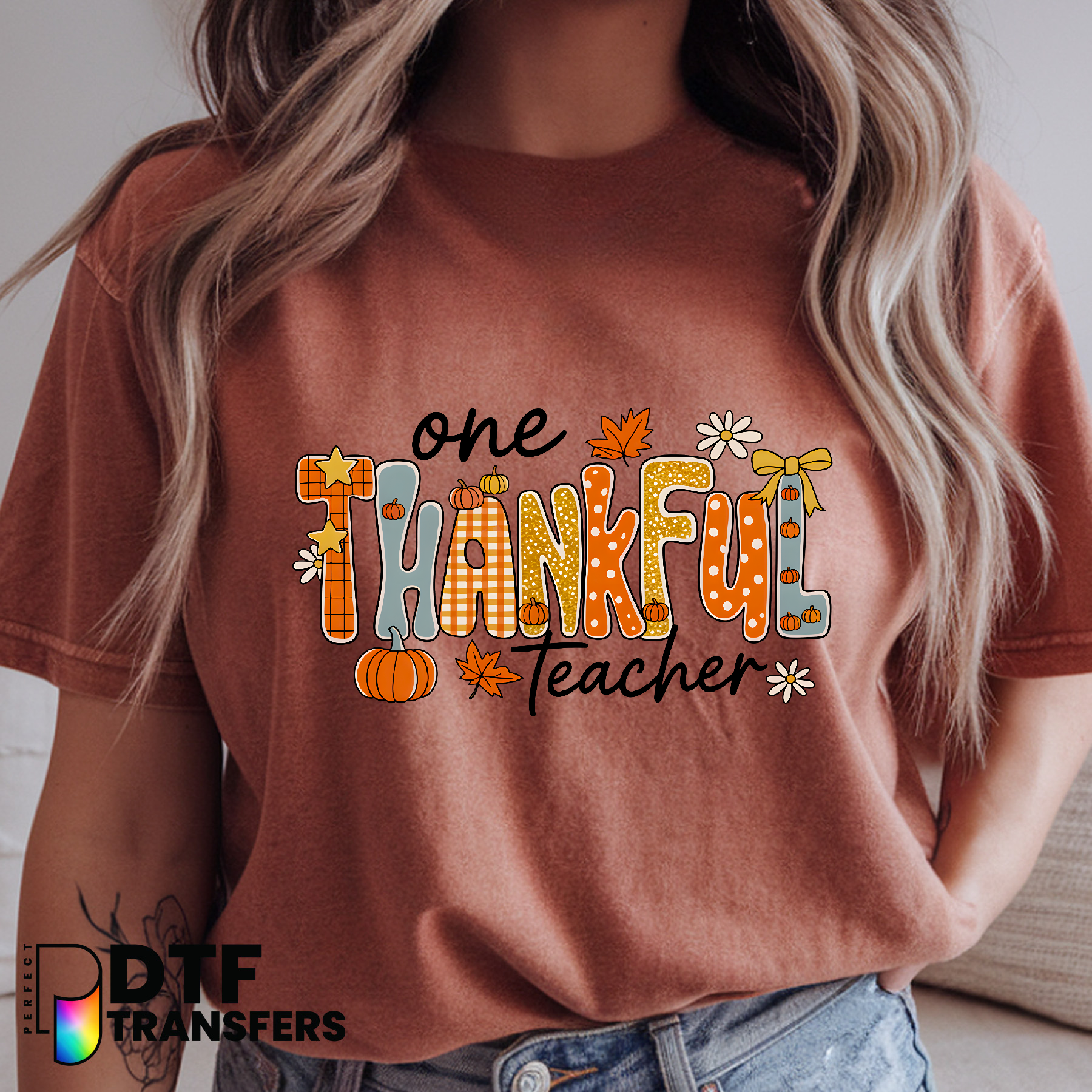 One Thankful Teacher with Sunflower, Pencil & Books – Teacher DTF Transfer