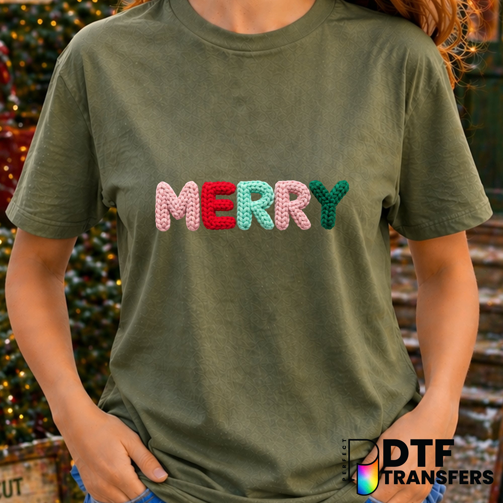 "Merry Christmas" Pastel Faux Embroidery – Christmas DTF Transfer