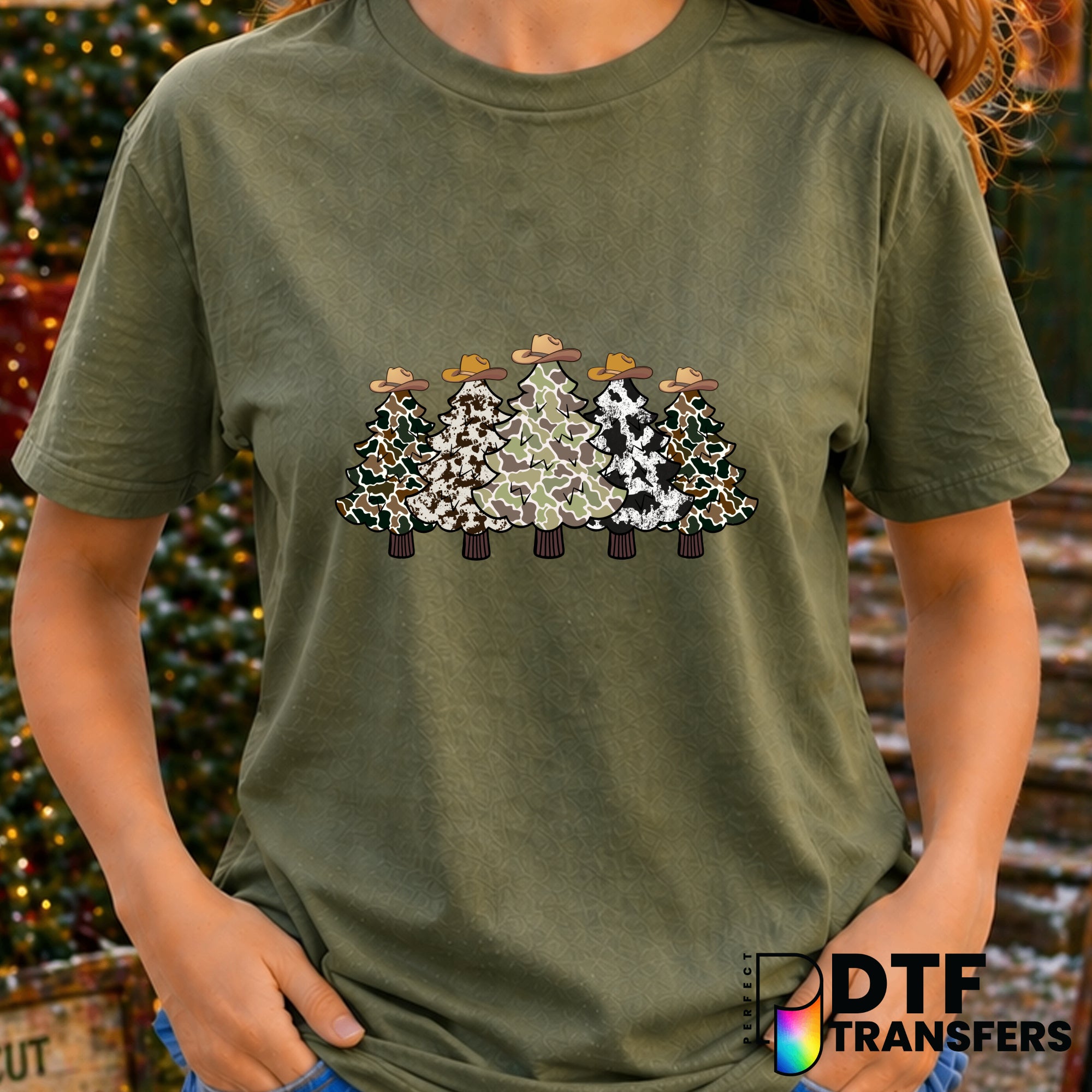 Camo Cowhide Christmas Trees Cowboy Hat – Christmas DTF Transfer