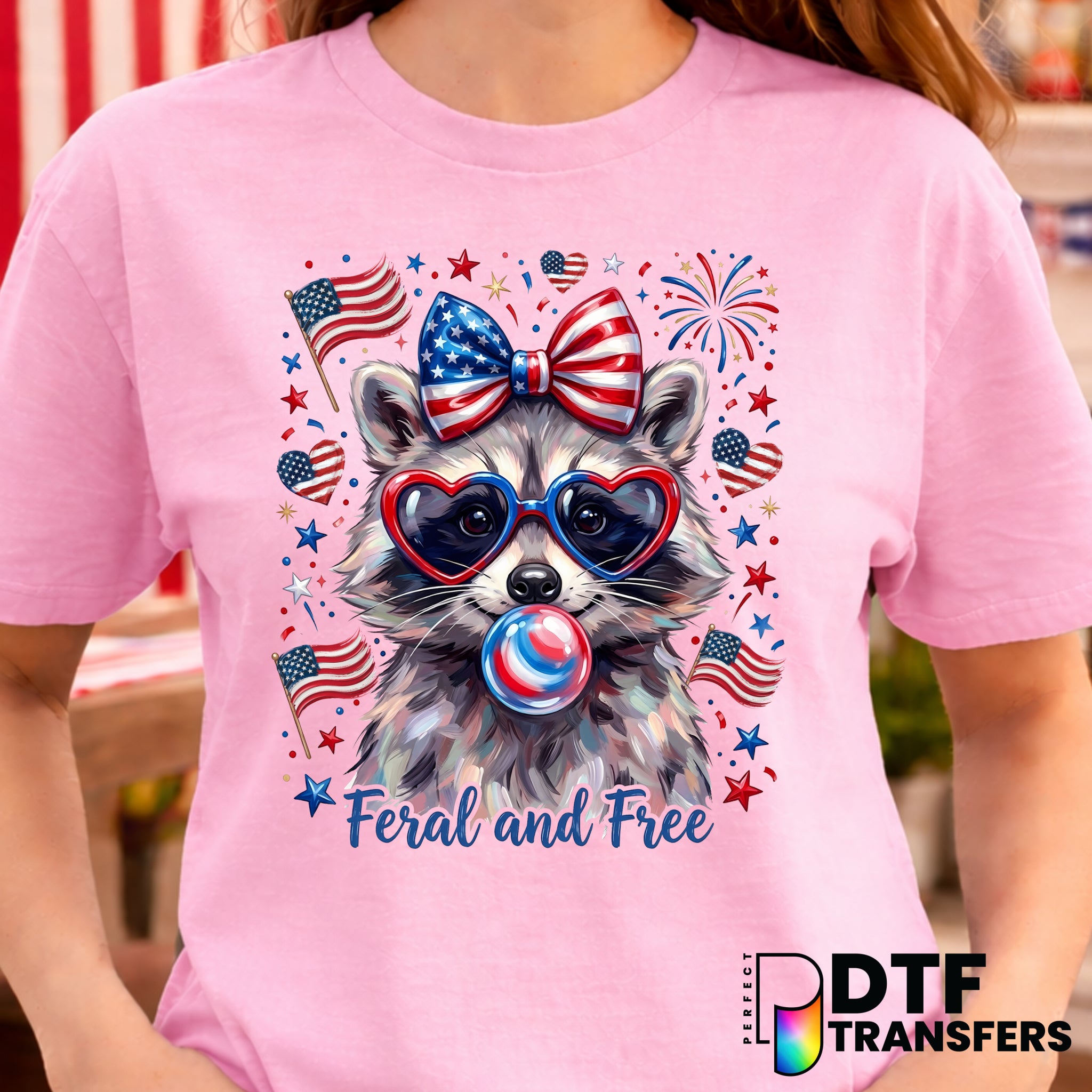 Raccoon American Flag Coquette Bows – Fourth of July DTF Transfer