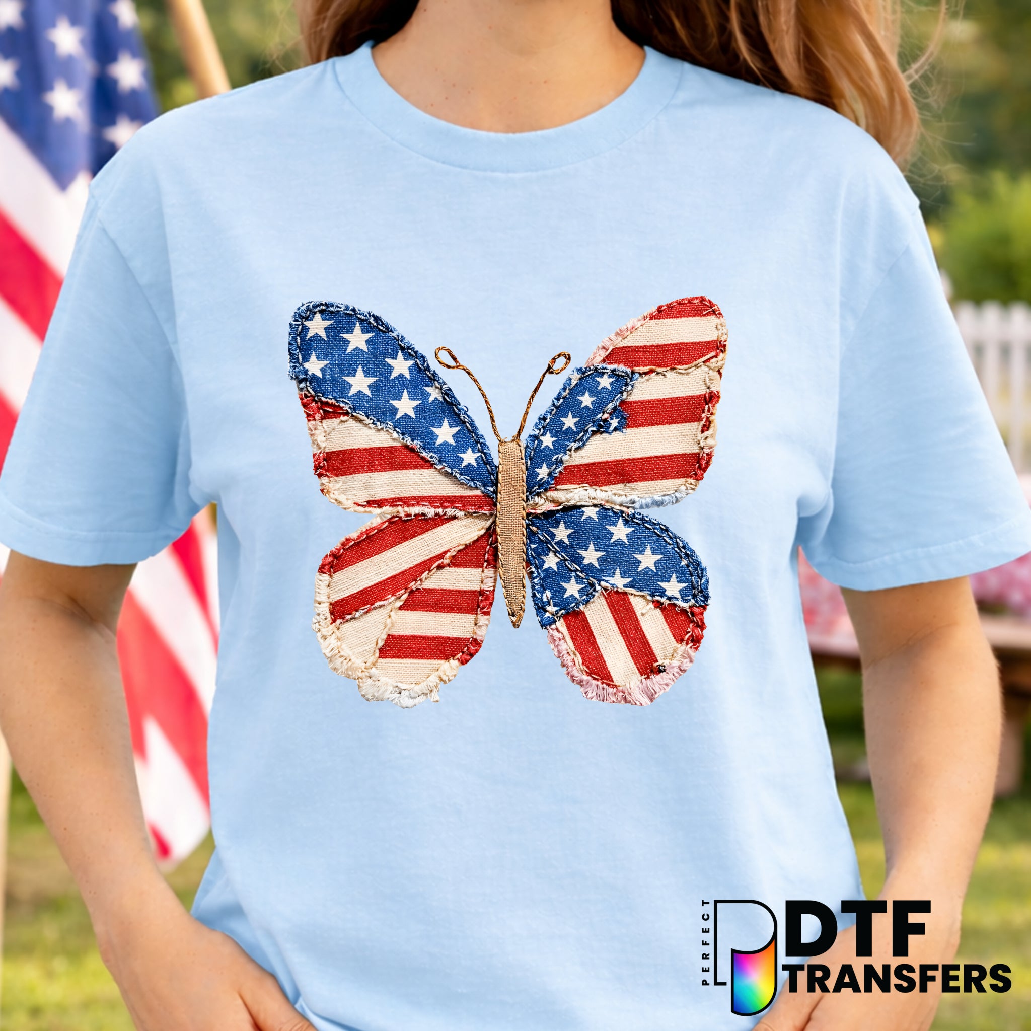 Faux Patchwork Butterfly American Flag – Fourth of July DTF Transfer