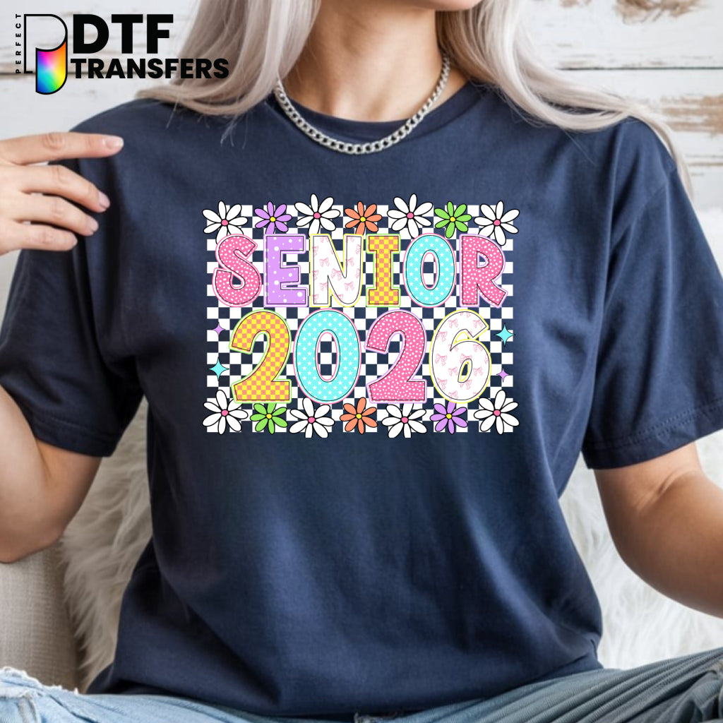 SENIOR 2026 White Checkered Flowers – Teacher DTF Transfer