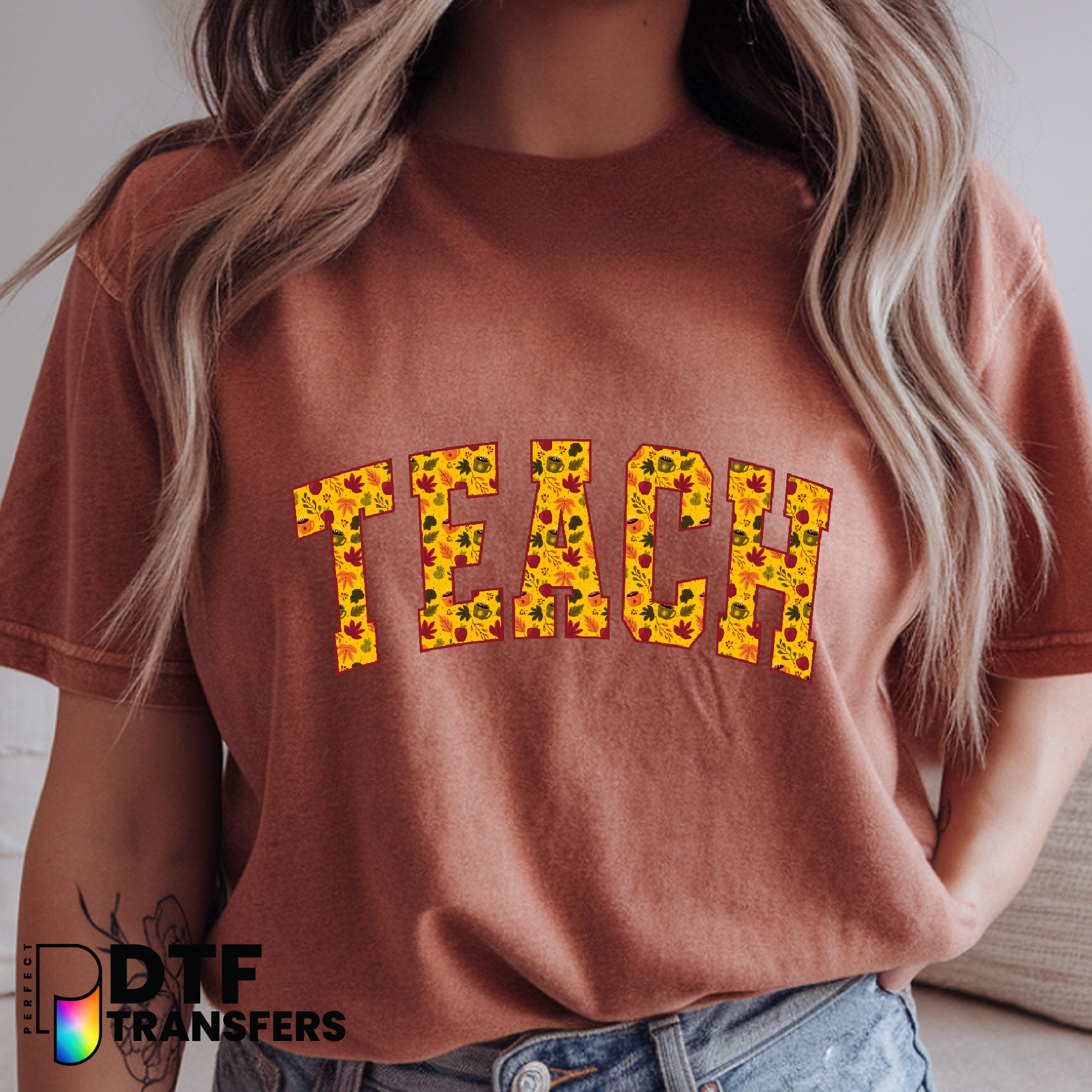 Retro Fall Teach Teacher with Apple and Pumpkin – Teacher DTF Transfer