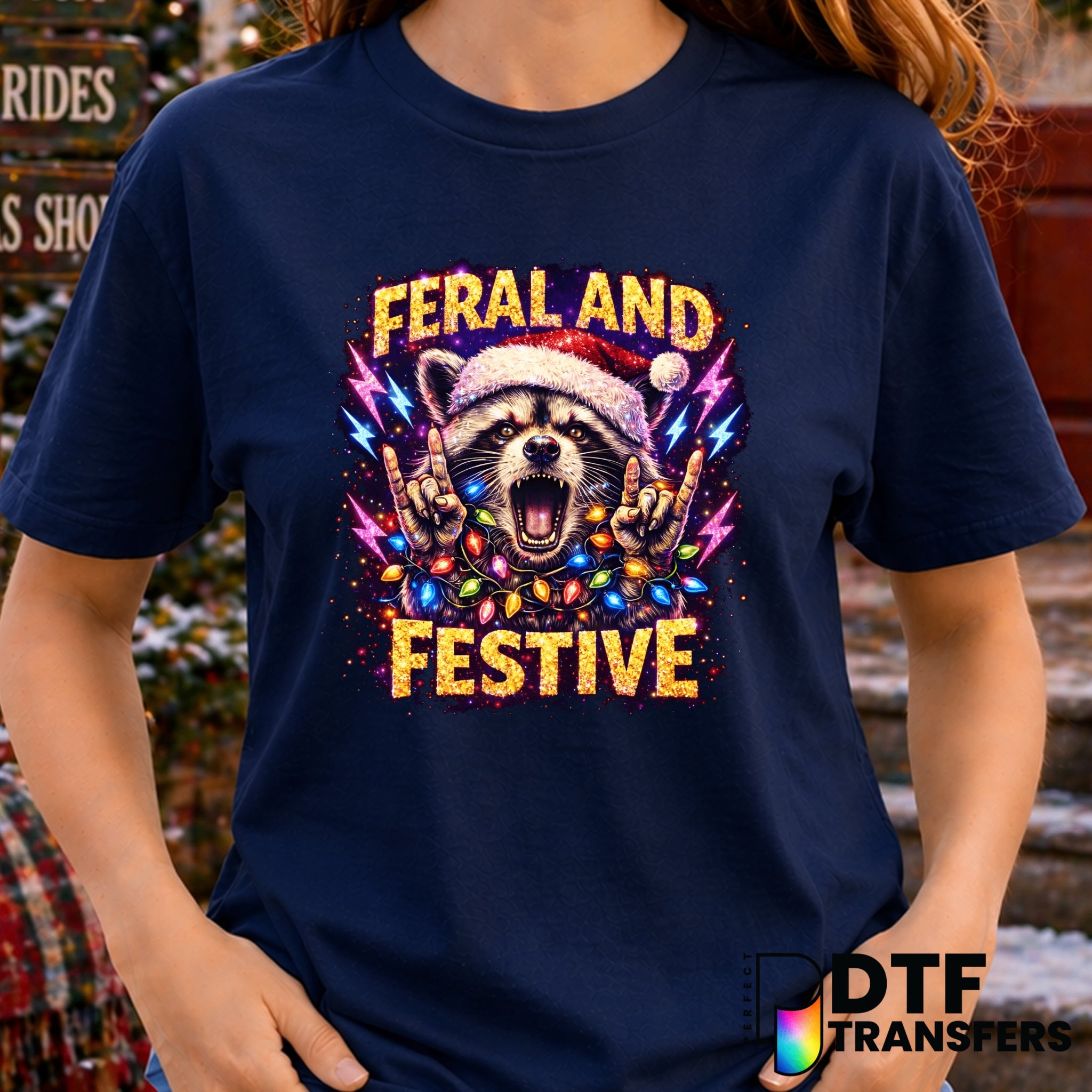 Feral and Festive Raccoon Christmas Lights – Christmas DTF Transfer