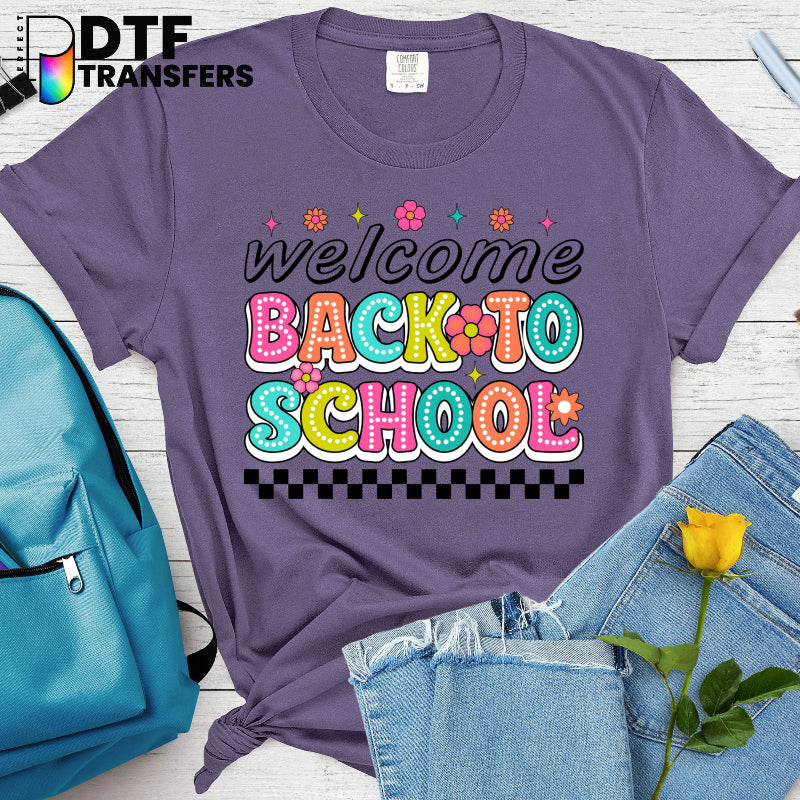 Welcome Back to School Colorful Checkerboard Teacher DTF Transfer with School Supplies