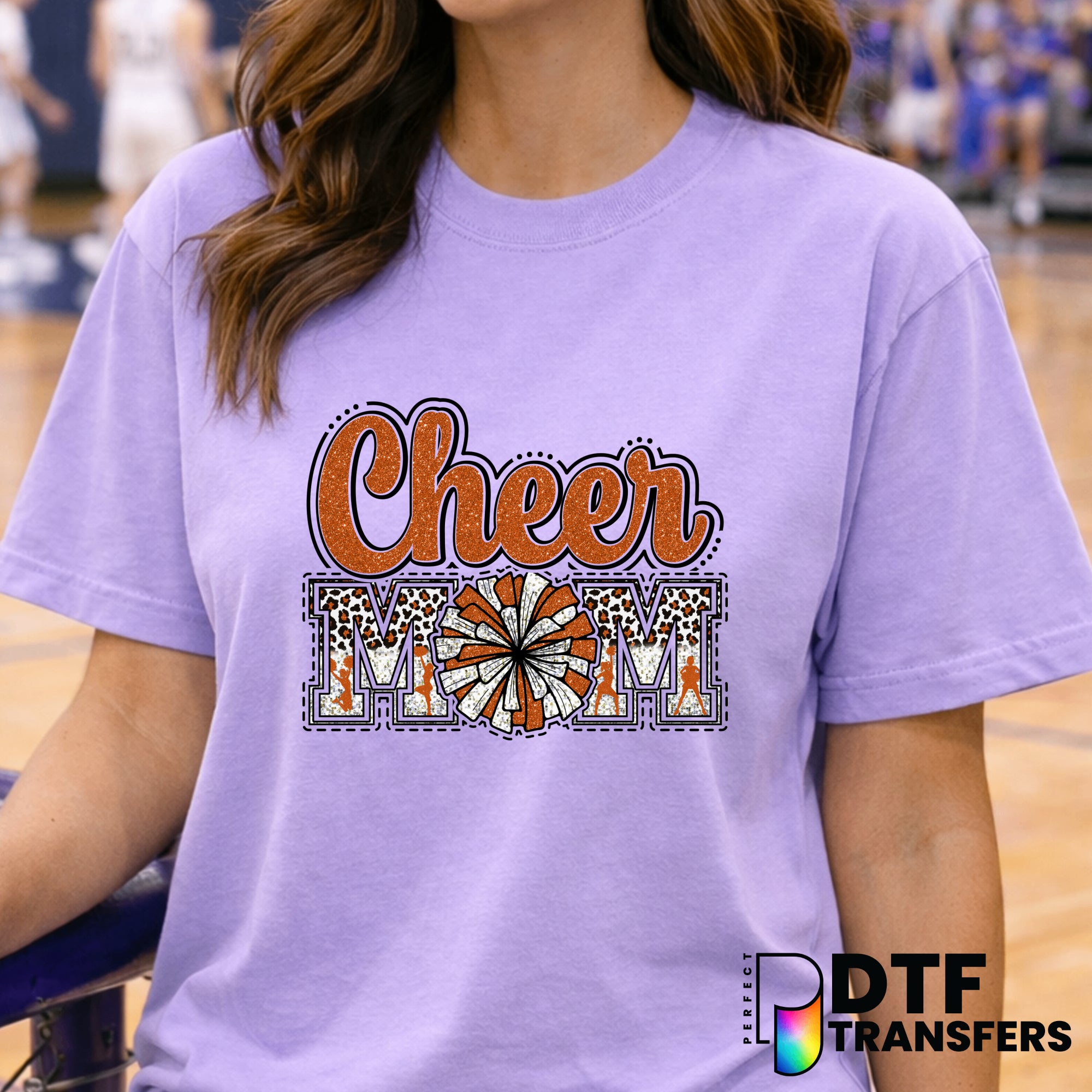 Cheer Mom Faux Glitter Leopard Orange Pom Pom – Cheerleading DTF Transfer