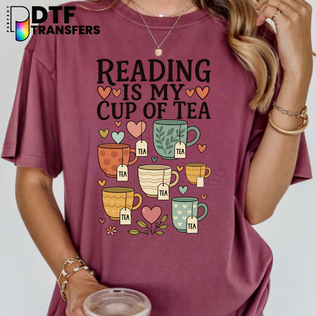 Reading Is My Cup Of Tea Hearts – Teacher DTF Transfer
