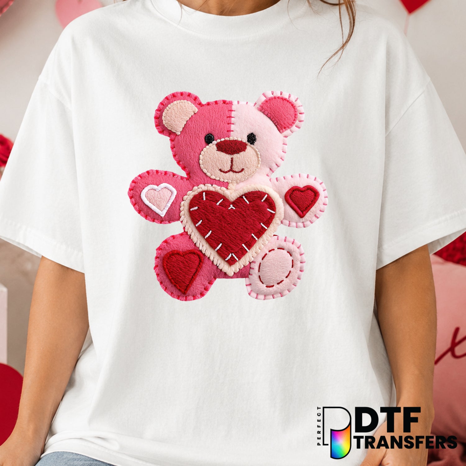 Faux Embroidery Patchwork Teddy Bear – Valentine's Day DTF Transfer (view 1 of 2) – by Perfect DTF Transfers – Premade DTF...
