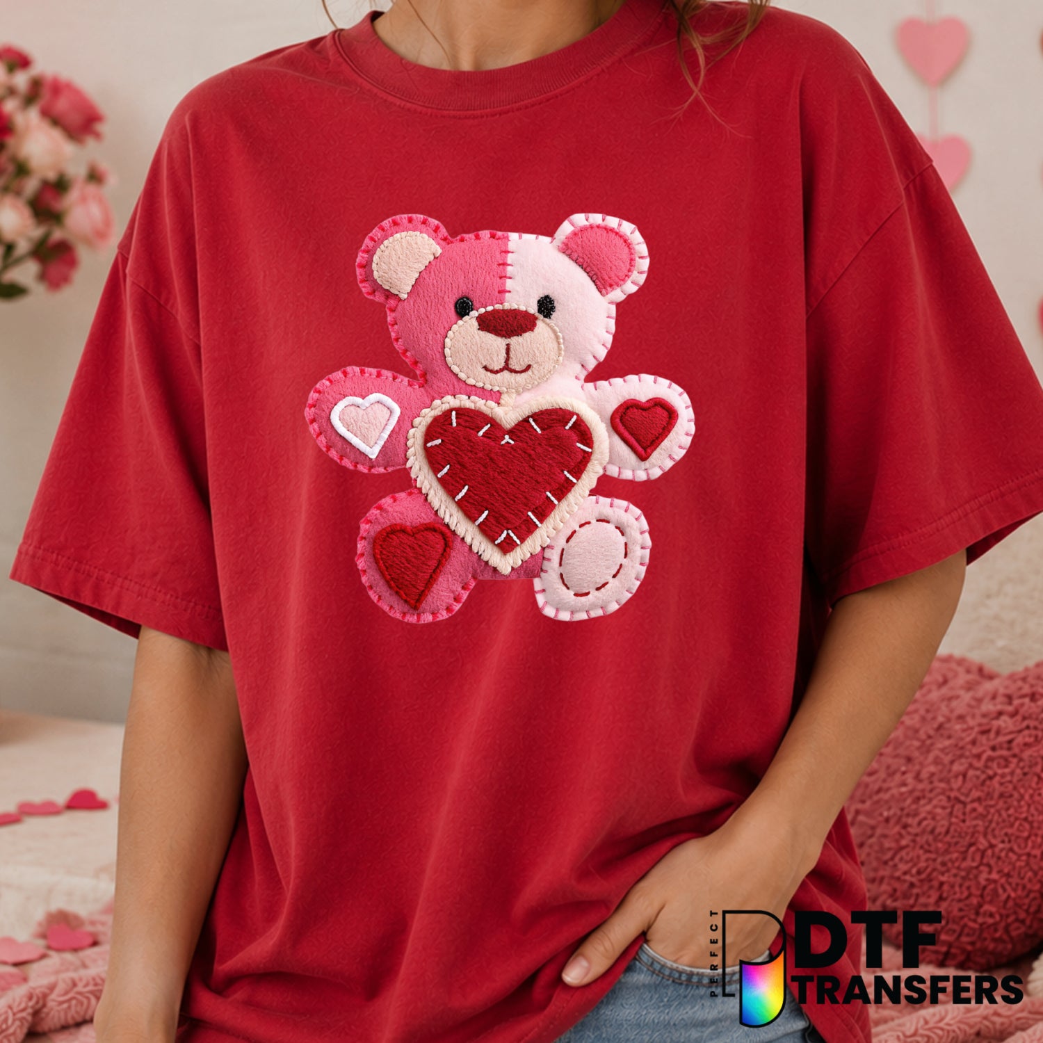 Faux Embroidery Patchwork Teddy Bear – Valentine's Day DTF Transfer (view 2 of 2) – by Perfect DTF Transfers – Premade DTF...